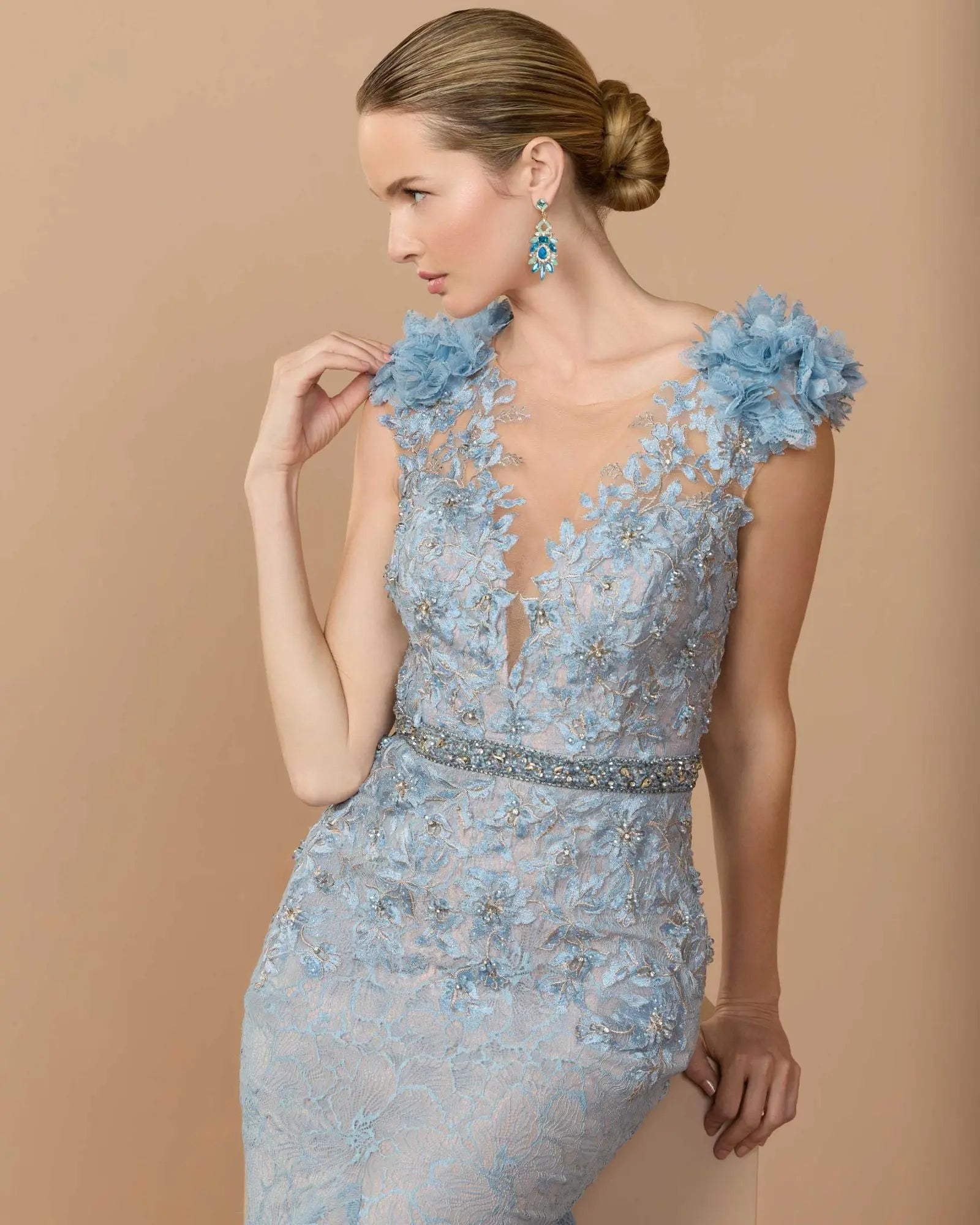 Blue Embellished Lace Illusion Neck Gown With 3D Flowers-Myartka