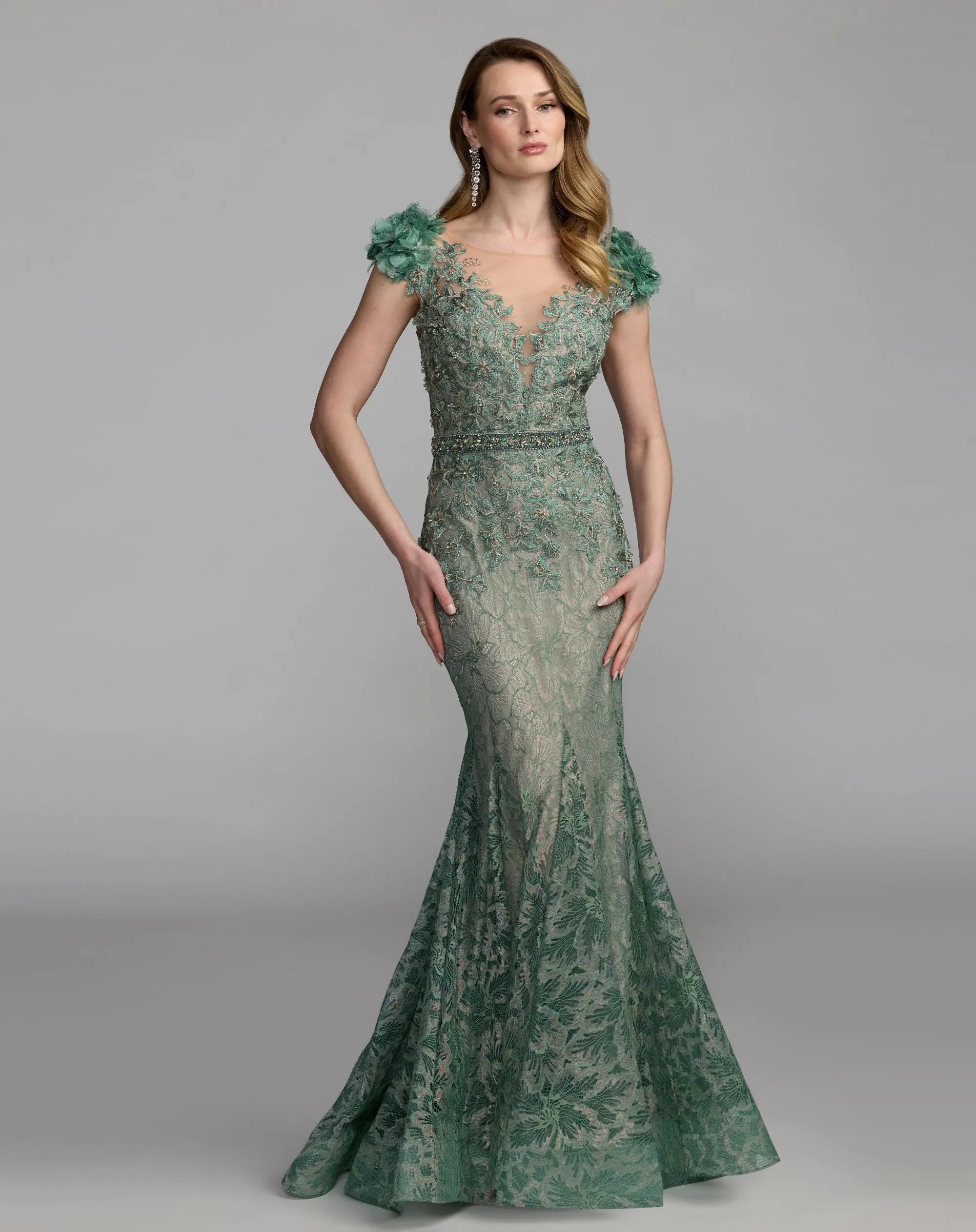 Green Embellished Lace Illusion Neck Gown With 3D Flowers-Myartka