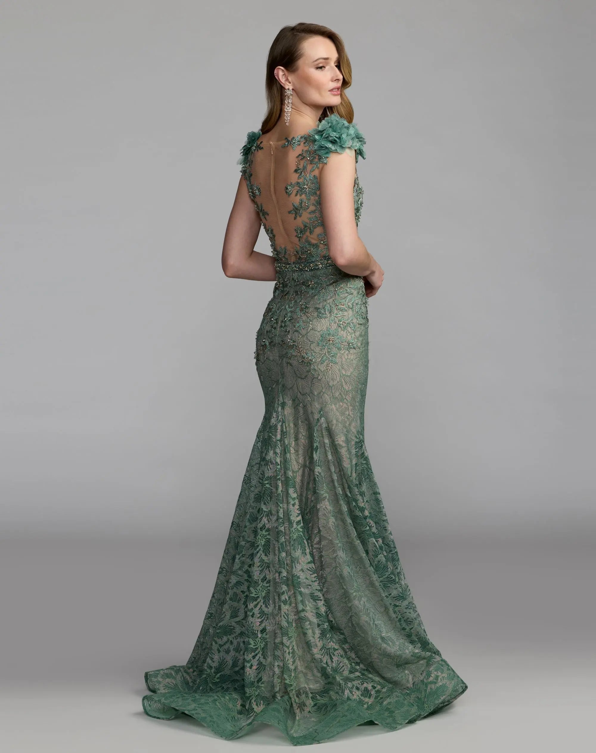 Green Embellished Lace Illusion Neck Gown With 3D Flowers-Myartka