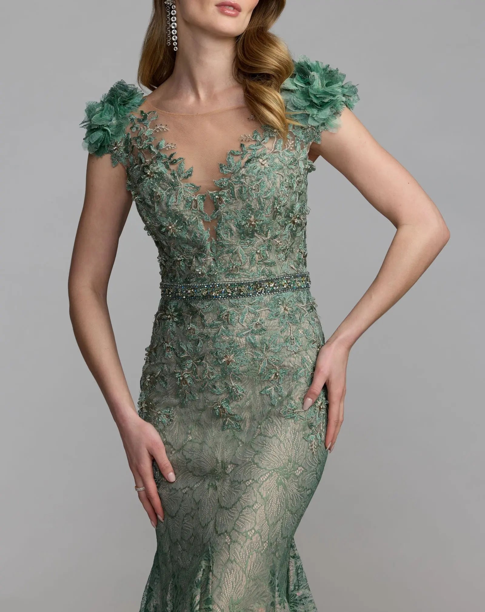 Green Embellished Lace Illusion Neck Gown With 3D Flowers-Myartka
