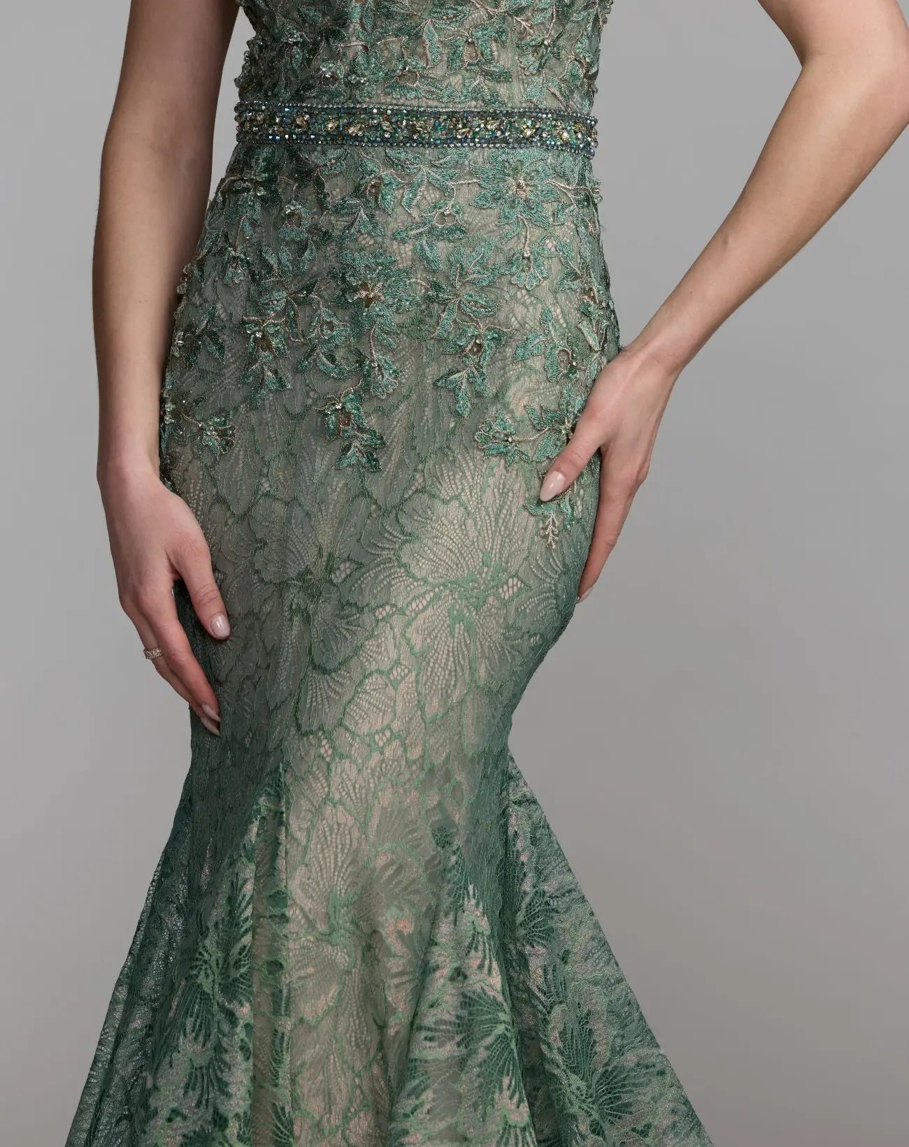 Green Embellished Lace Illusion Neck Gown With 3D Flowers-Myartka