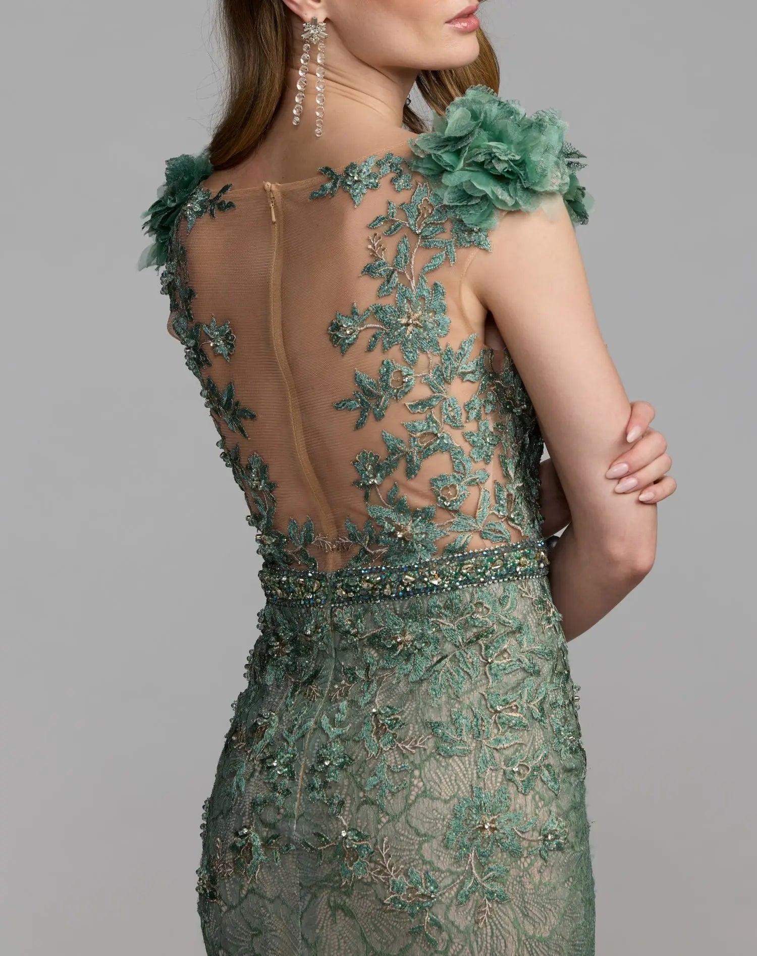 Green Embellished Lace Illusion Neck Gown With 3D Flowers-Myartka