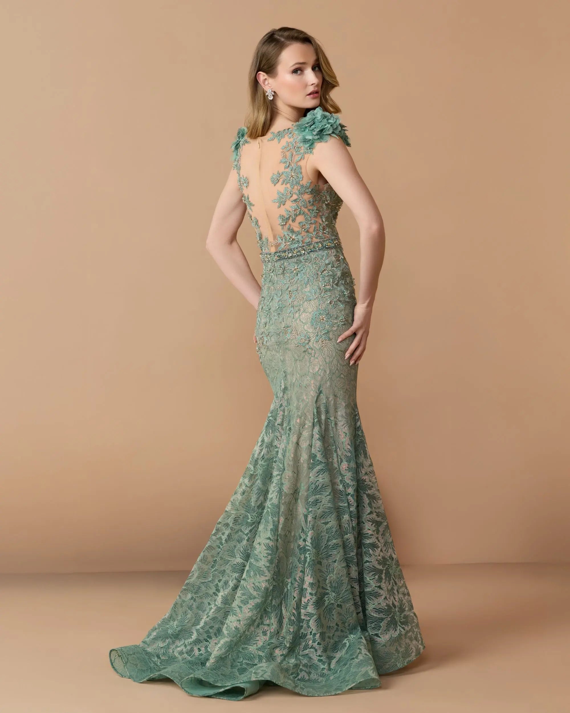 Green Embellished Lace Illusion Neck Gown With 3D Flowers-Myartka