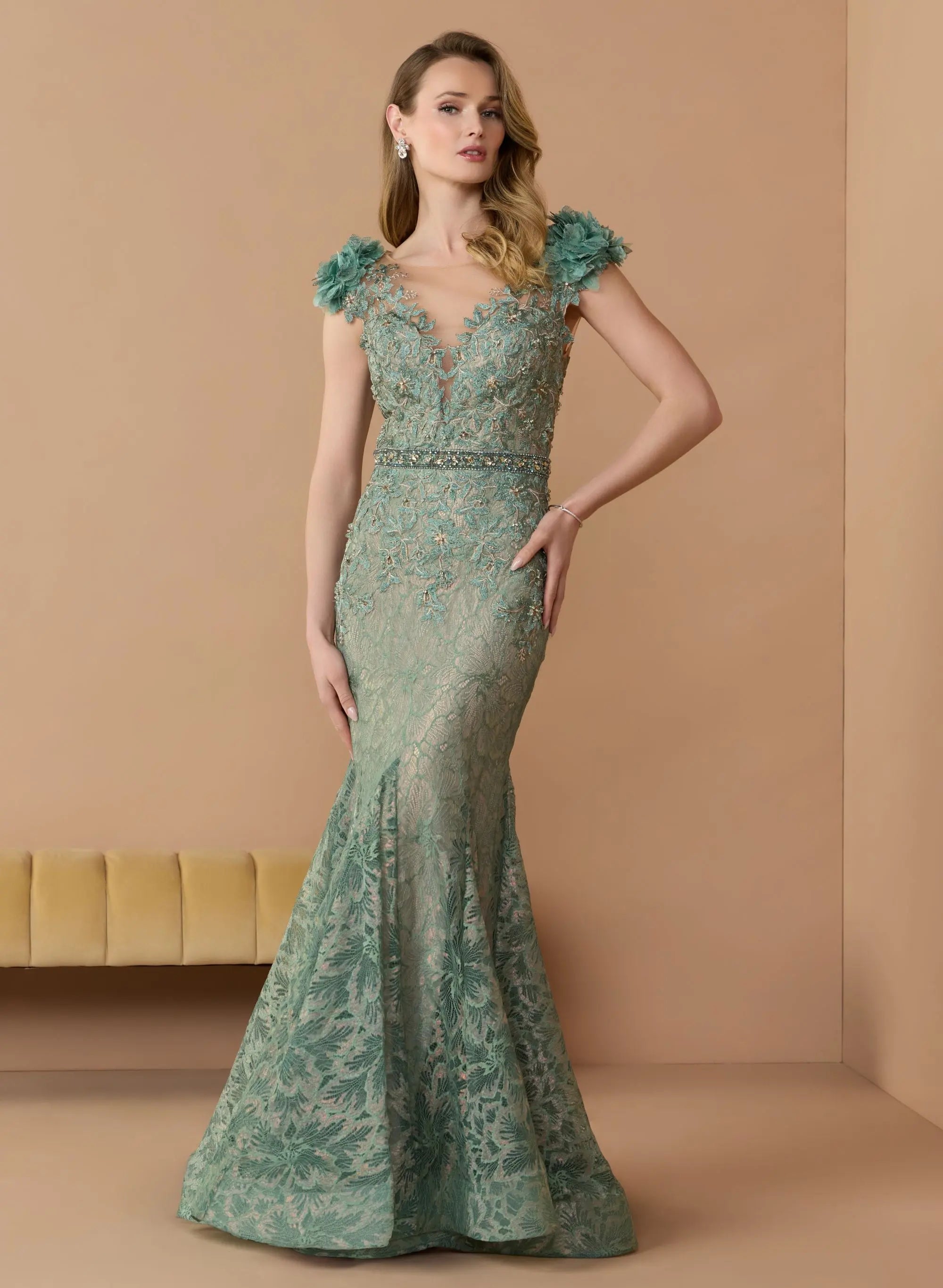 Green Embellished Lace Illusion Neck Gown With 3D Flowers-Myartka