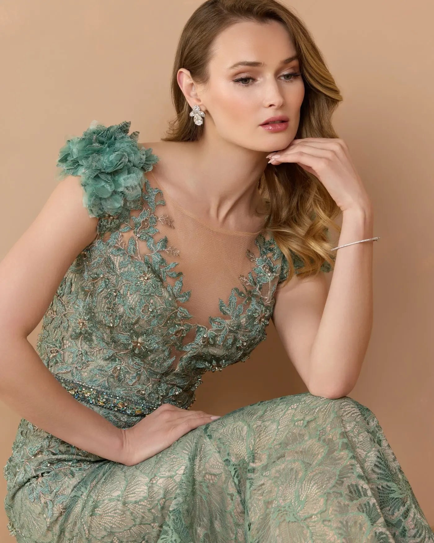 Green Embellished Lace Illusion Neck Gown With 3D Flowers-Myartka