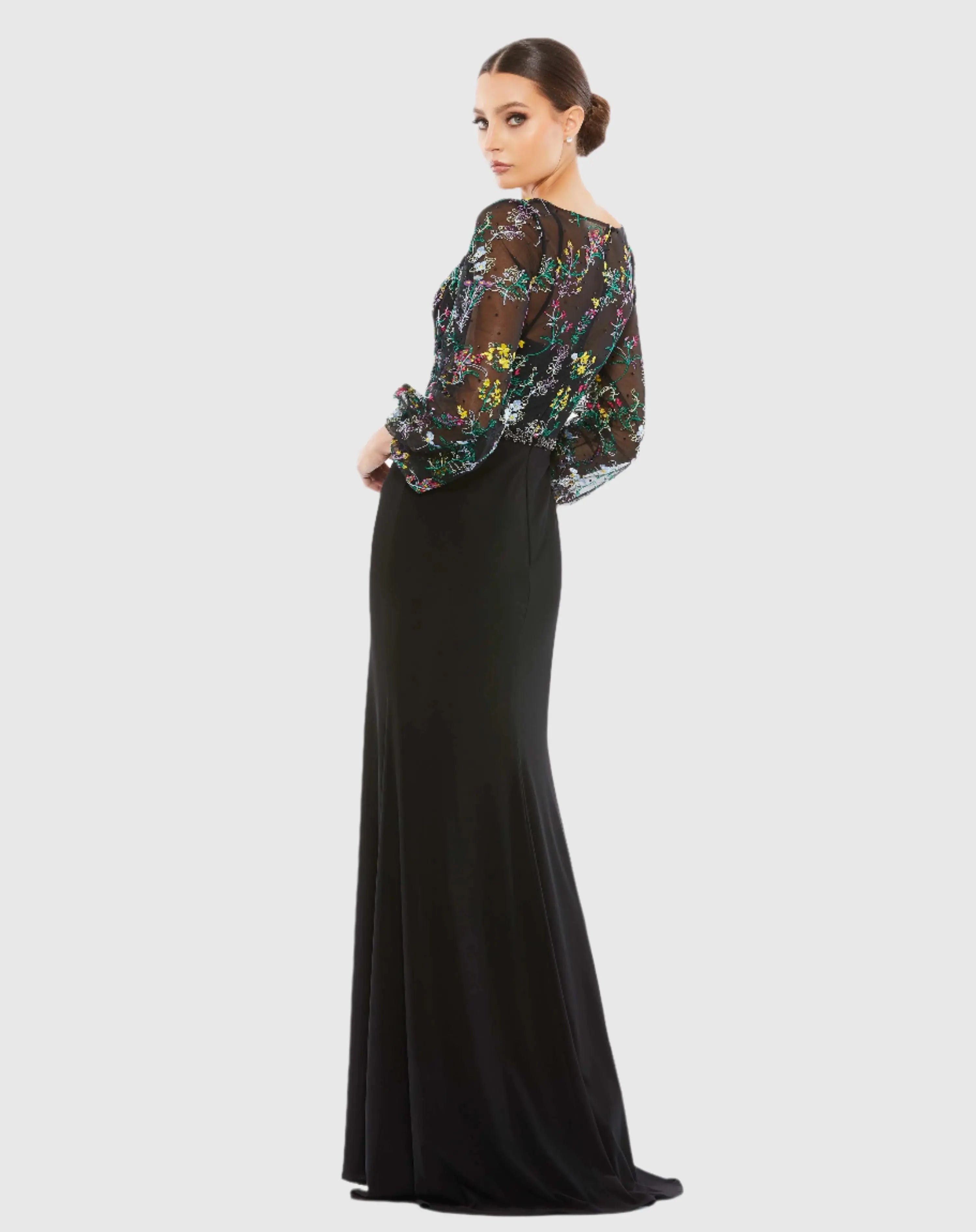 Black Embroidered Illusion Puff Sleeve Gown-Myartka