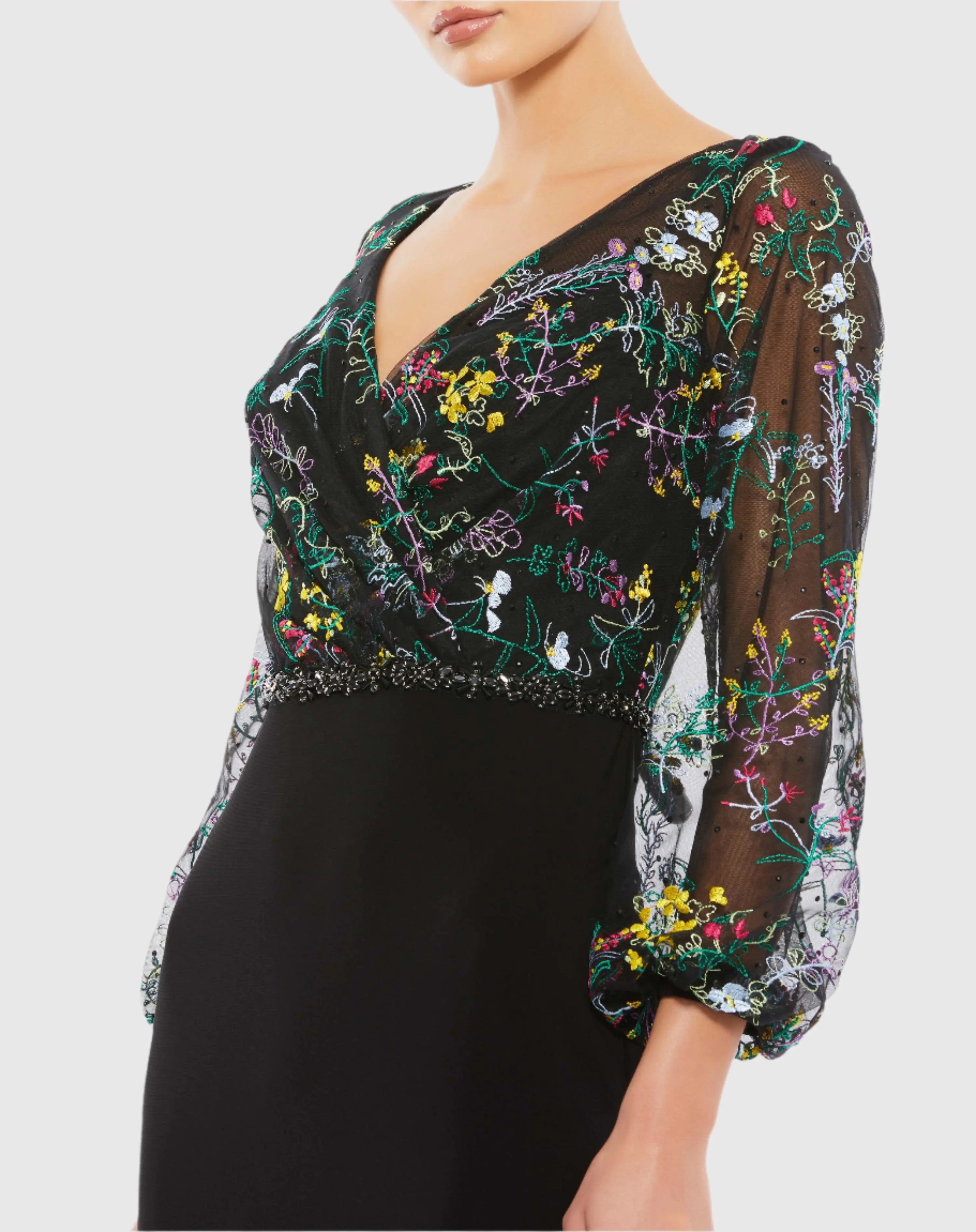 Black Embroidered Illusion Puff Sleeve Gown-Myartka