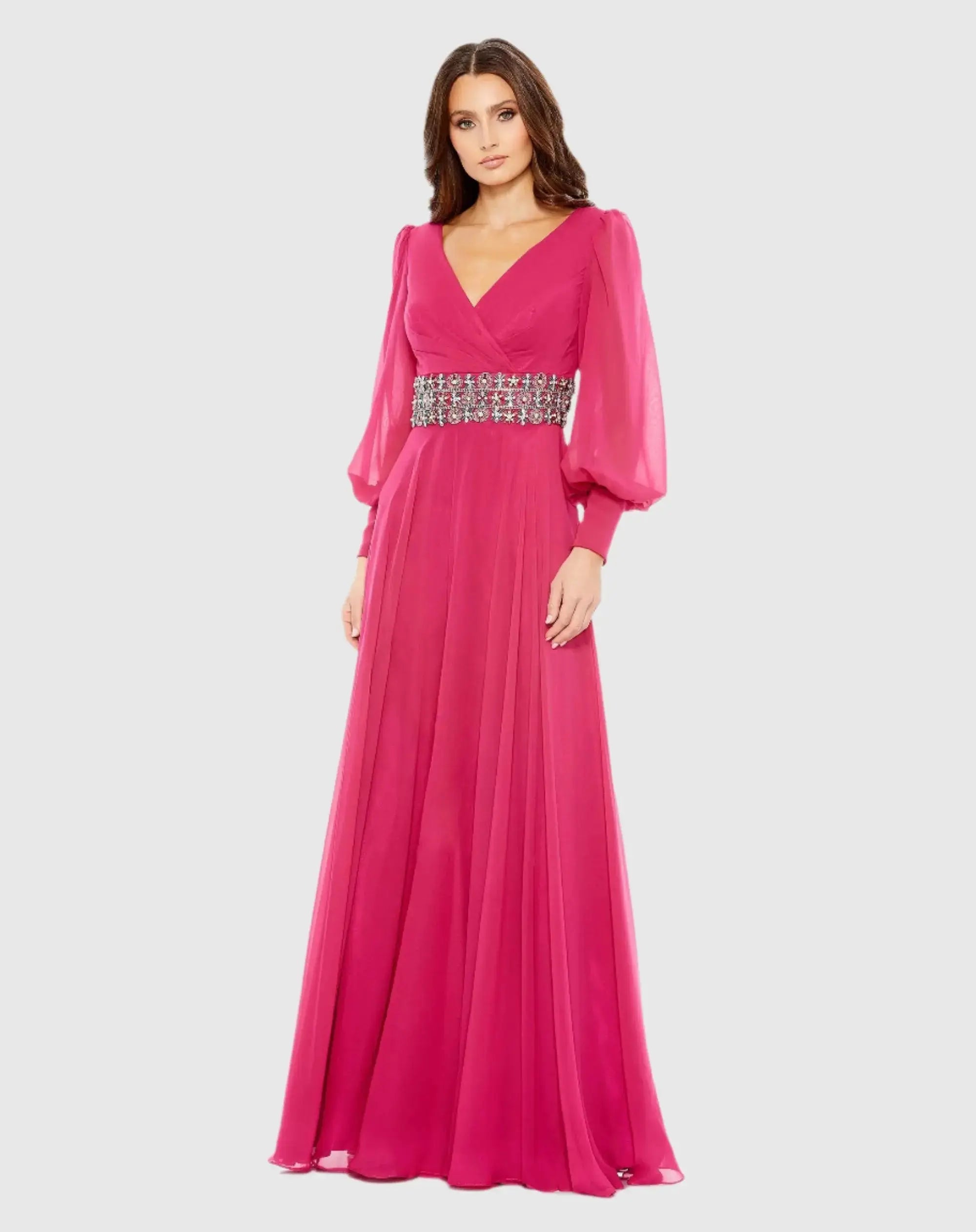 Bishop Sleeve Wrap Over Belt Detail Flowy Gown-Myartka