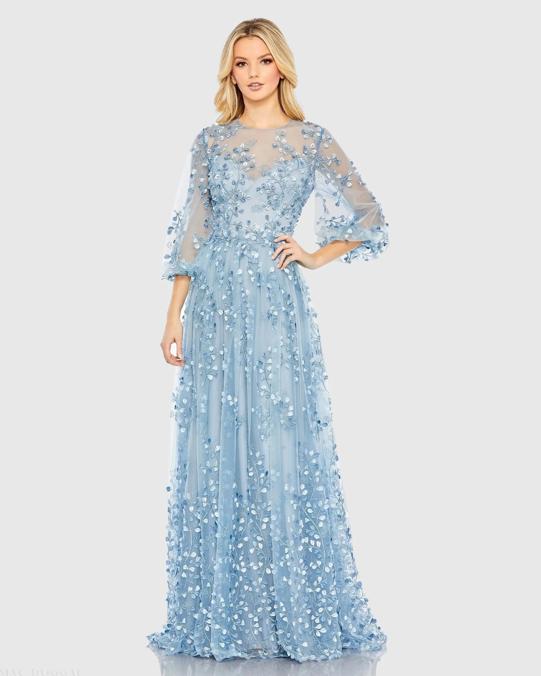 Blue Embroidered Puff Sleeve A-Line Gown-Myartka