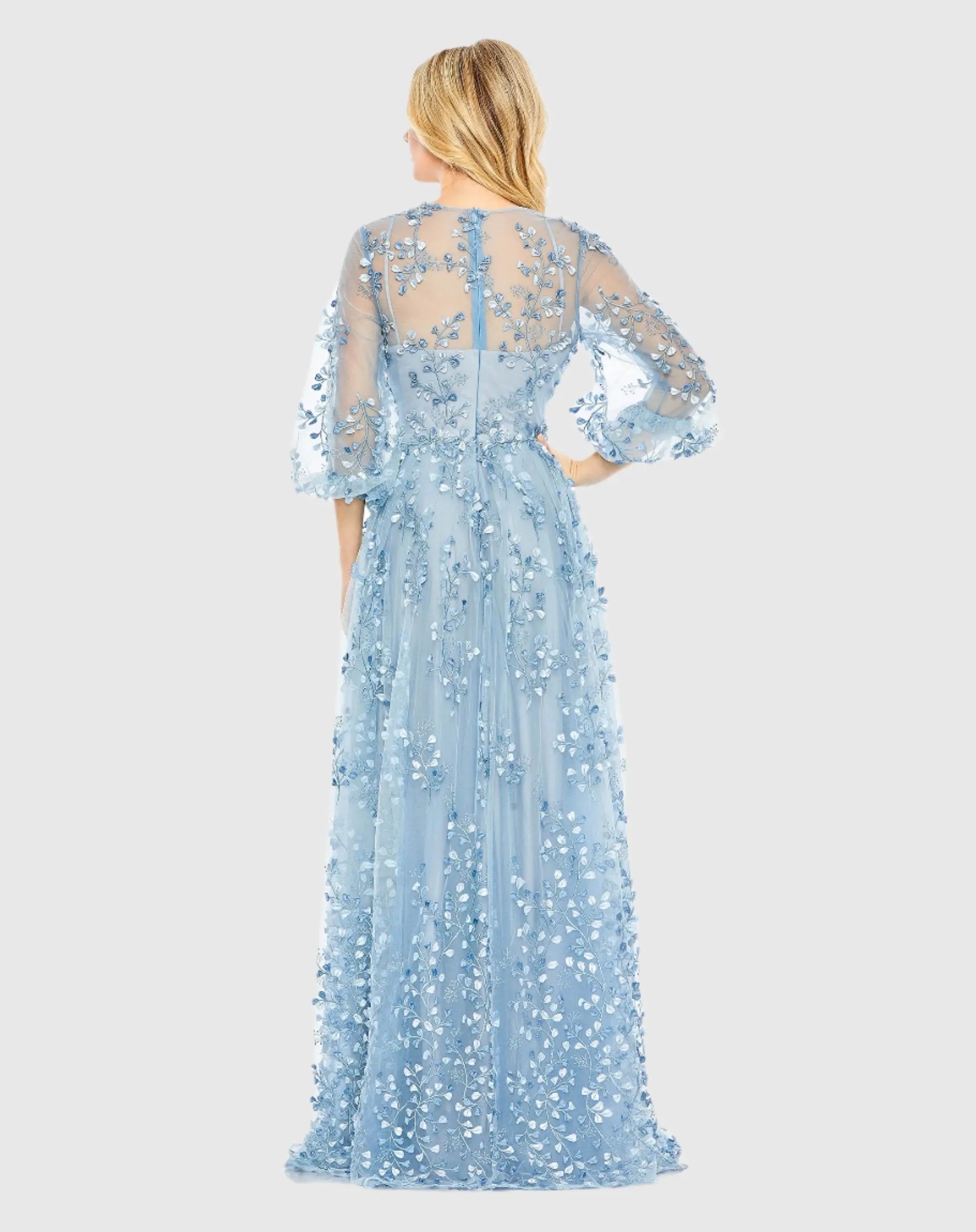Blue Embroidered Puff Sleeve A-Line Gown-Myartka