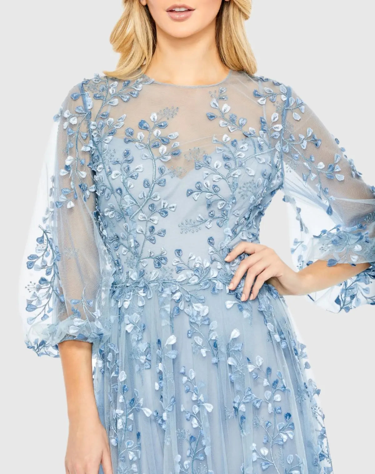 Blue Embroidered Puff Sleeve A-Line Gown-Myartka