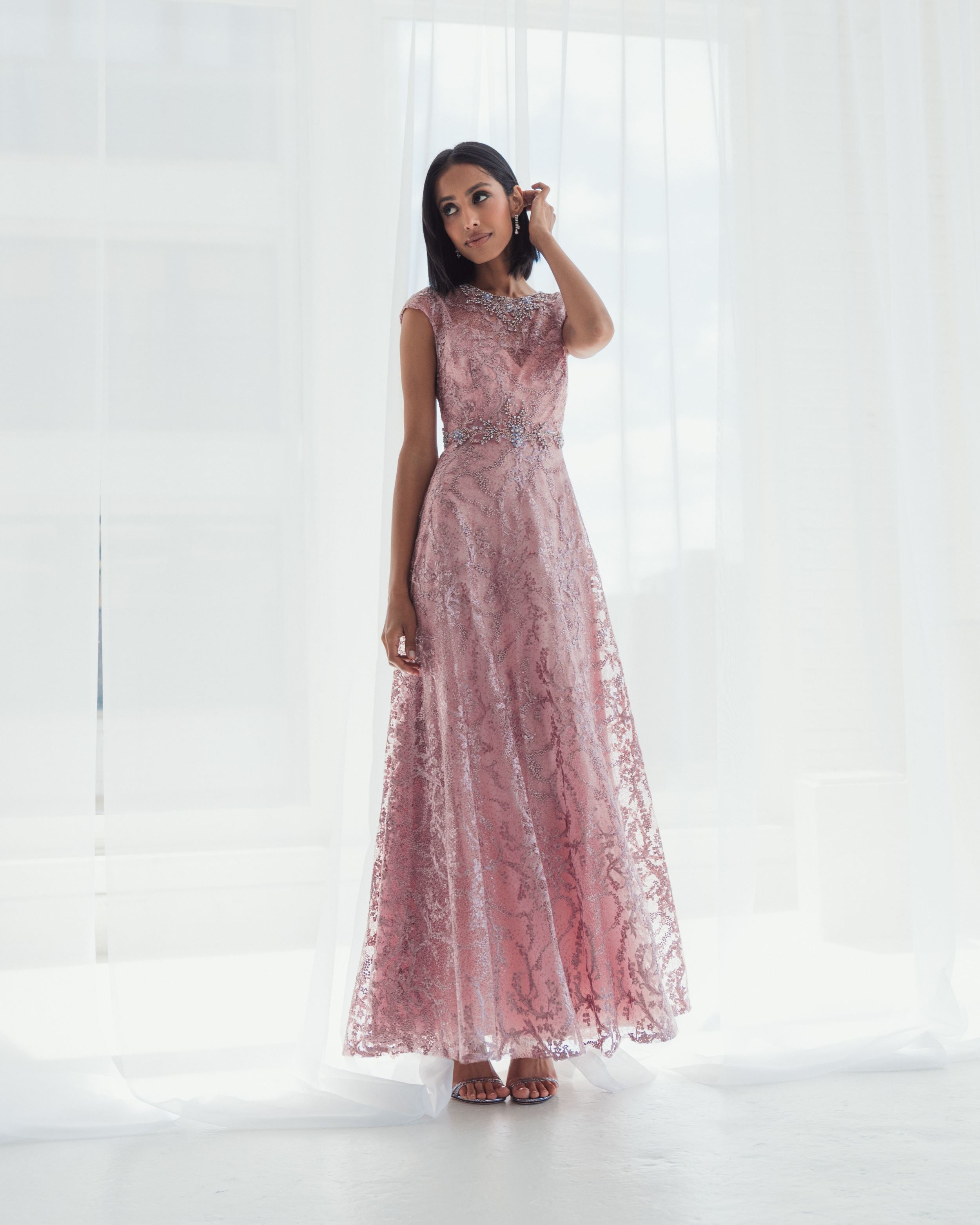 Pink Embroidered Cap Sleeve A Line Gown-Myartka