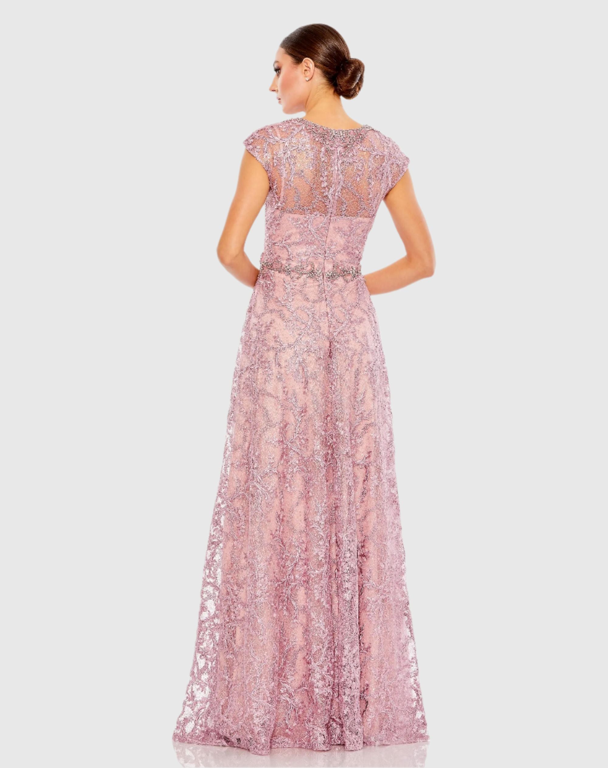 Pink Embroidered Cap Sleeve A Line Gown-Myartka
