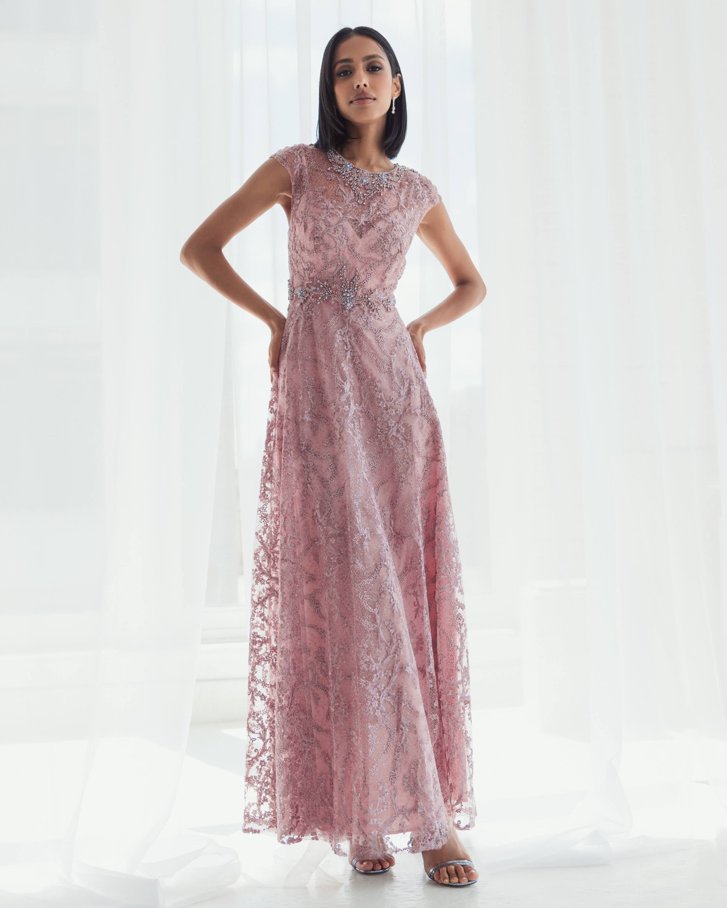 Pink Embroidered Cap Sleeve A Line Gown-Myartka