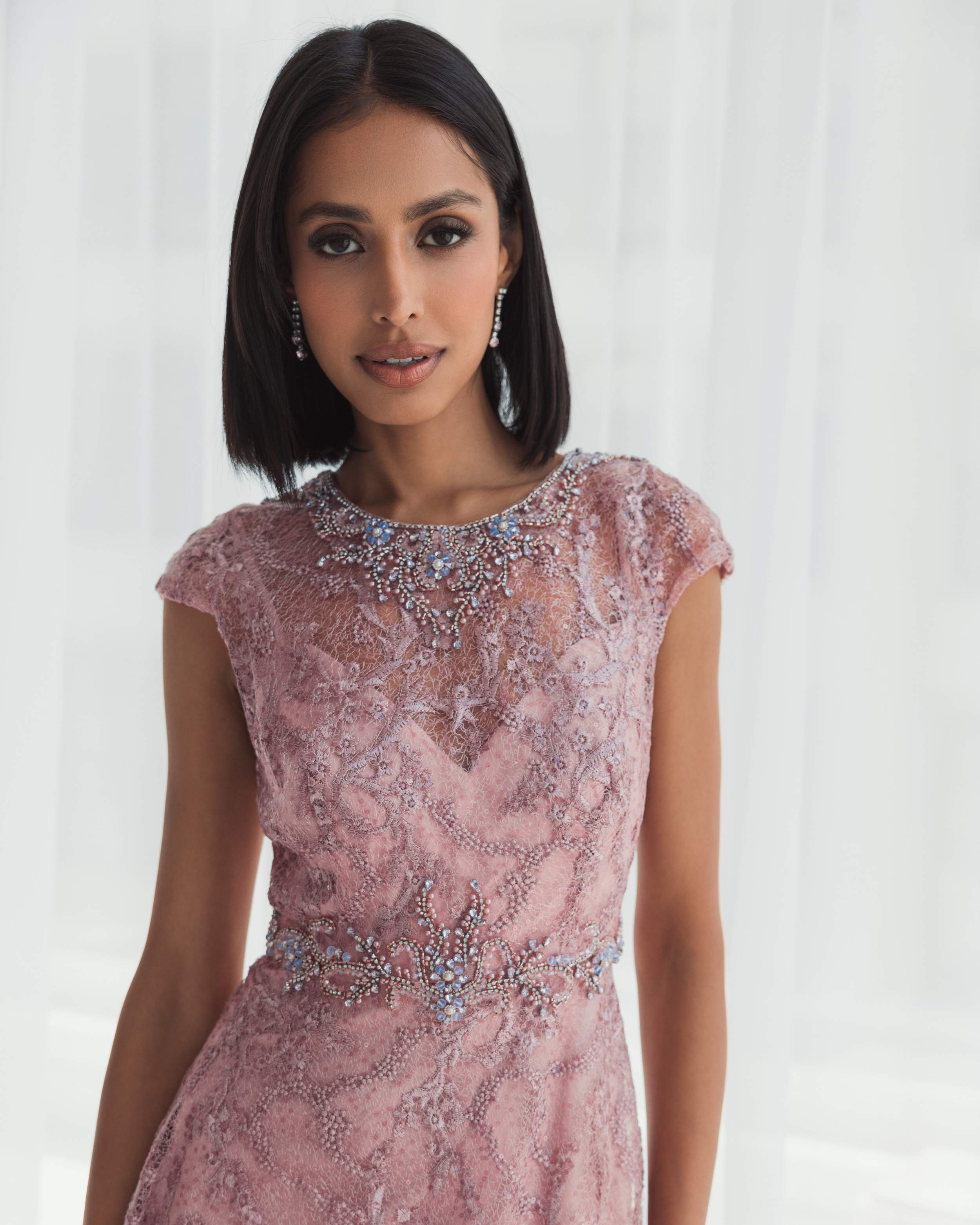 Pink Embroidered Cap Sleeve A Line Gown-Myartka