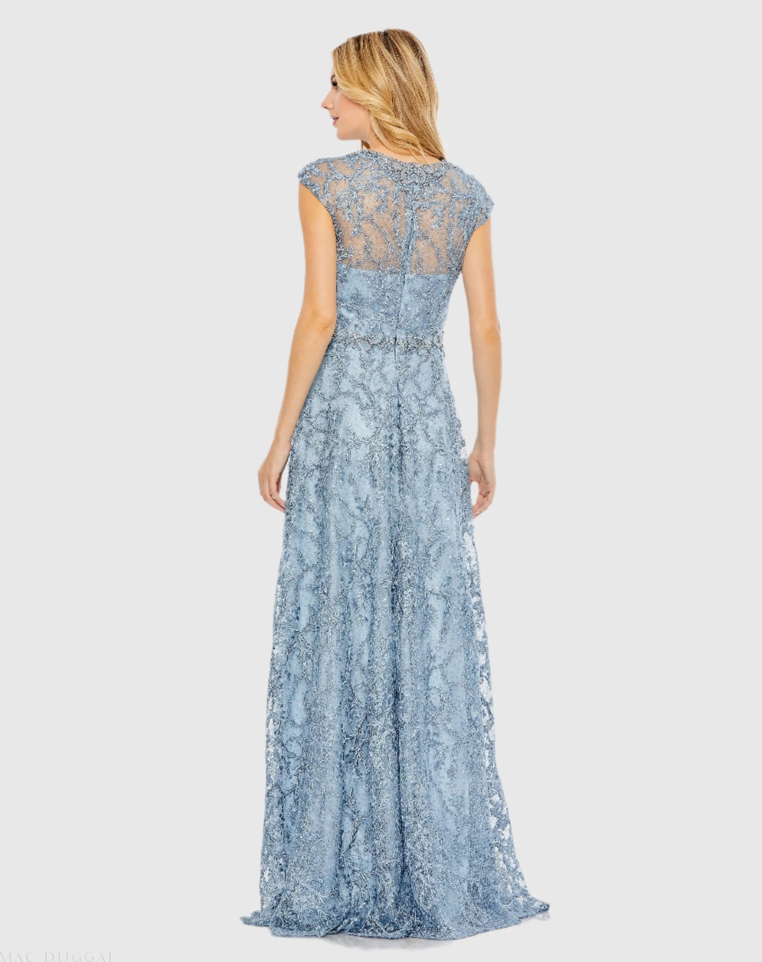Blue Embroidered Cap Sleeve A Line Gown-Myartka