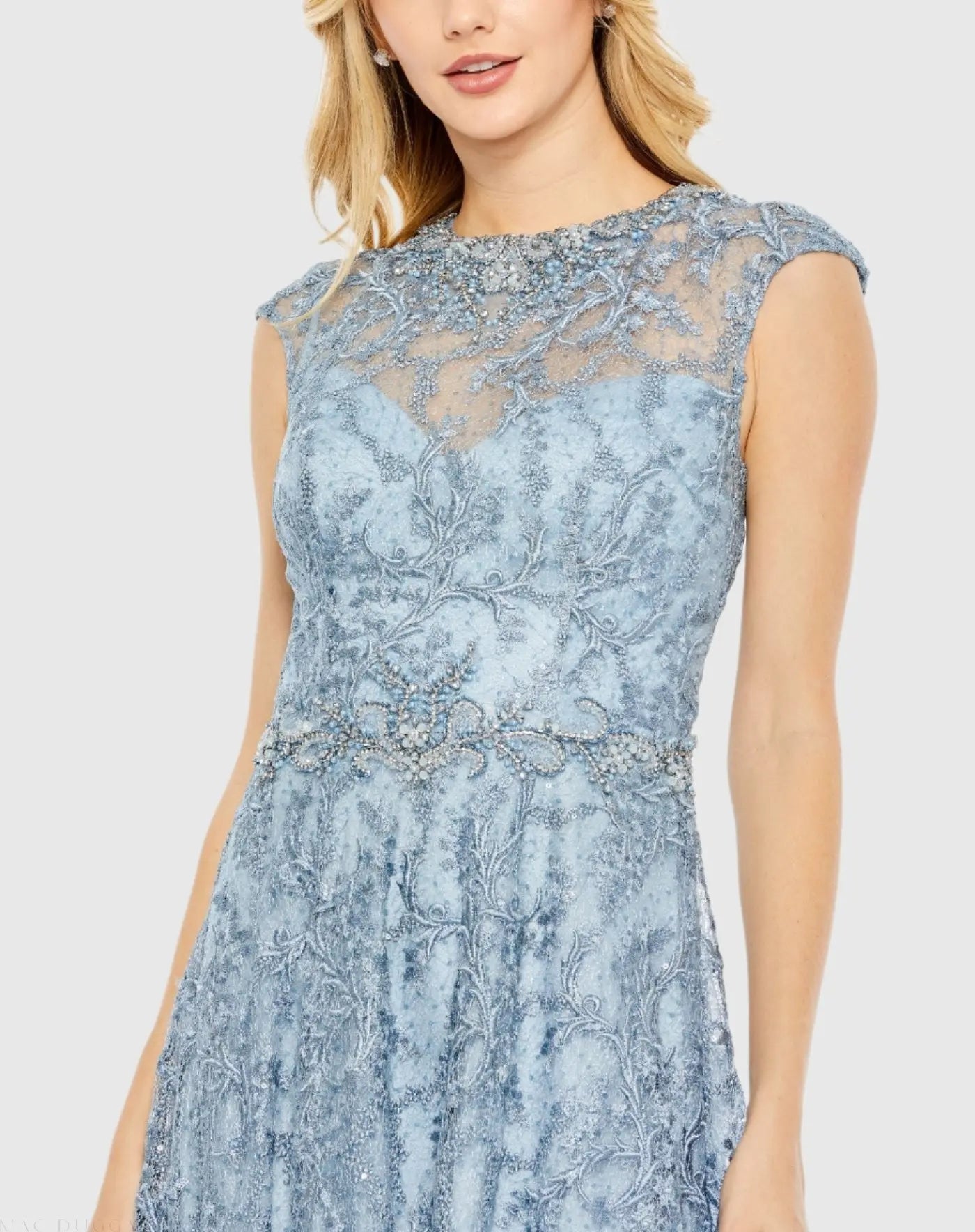Blue Embroidered Cap Sleeve A Line Gown-Myartka