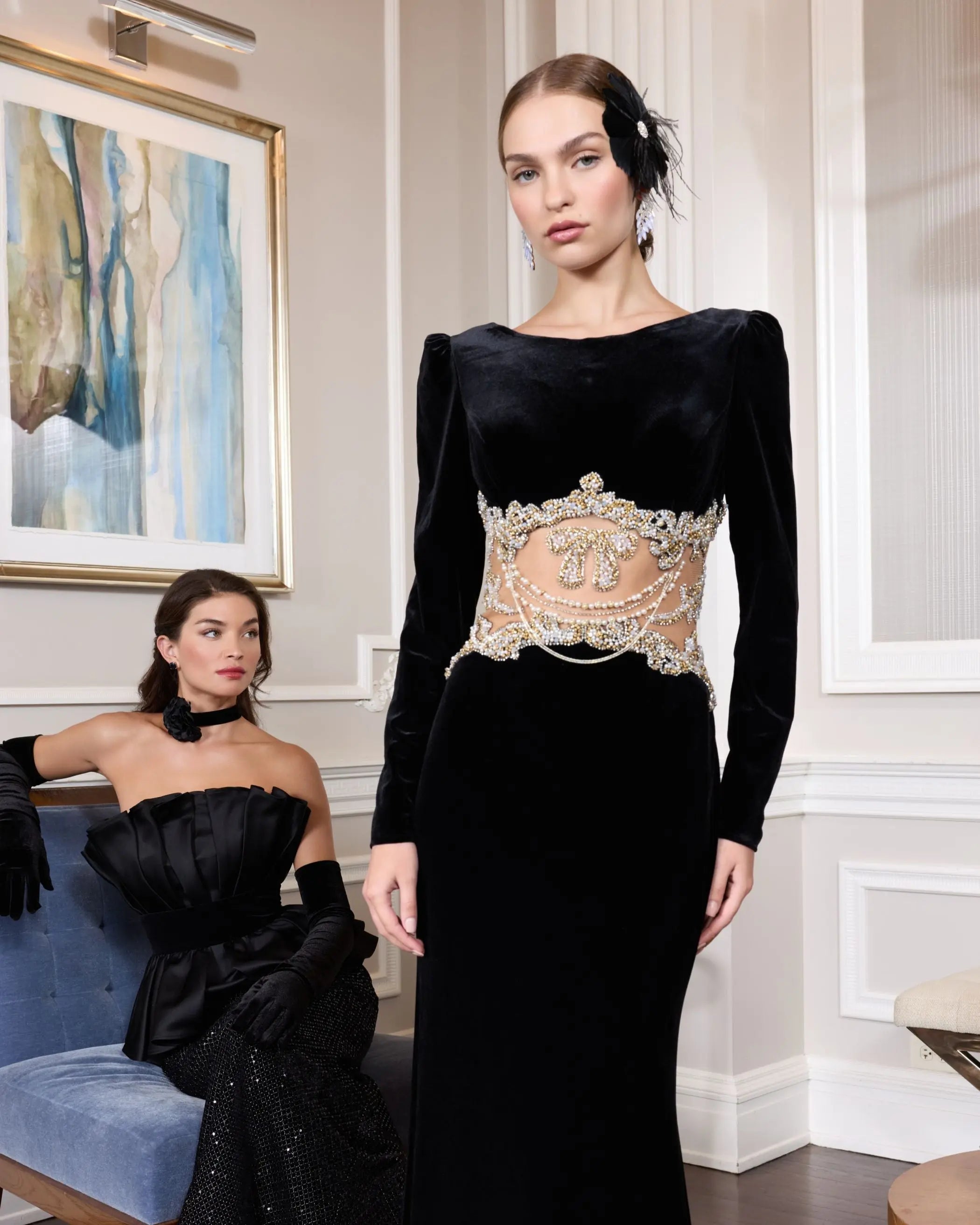 Black Long Sleeve Sheer Embellished Velvet Gown-Myartka