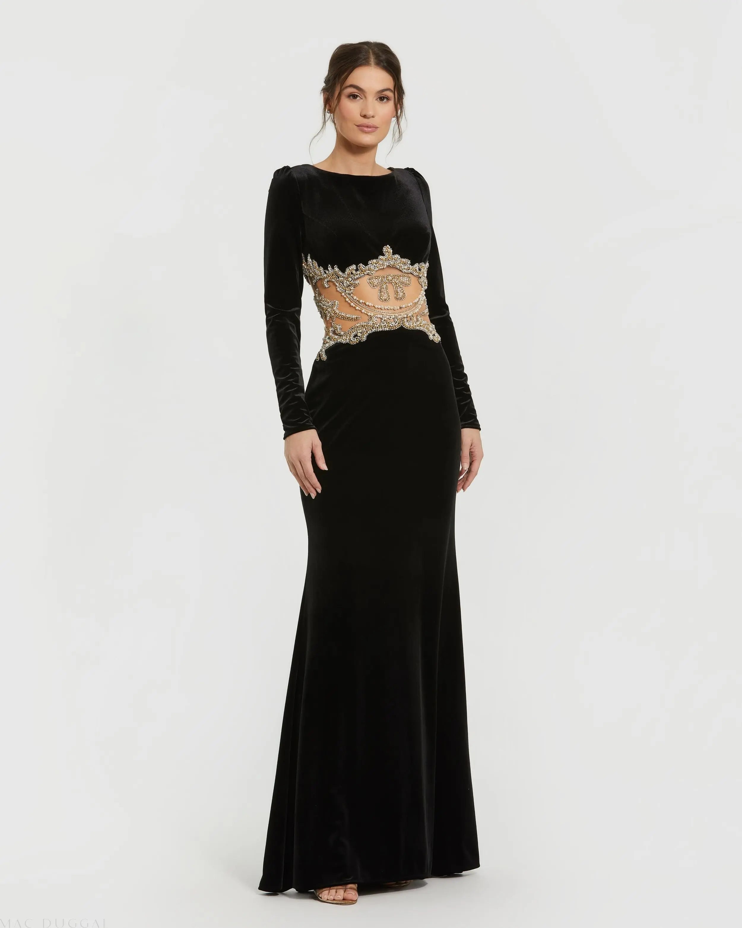 Black Long Sleeve Sheer Embellished Velvet Gown-Myartka
