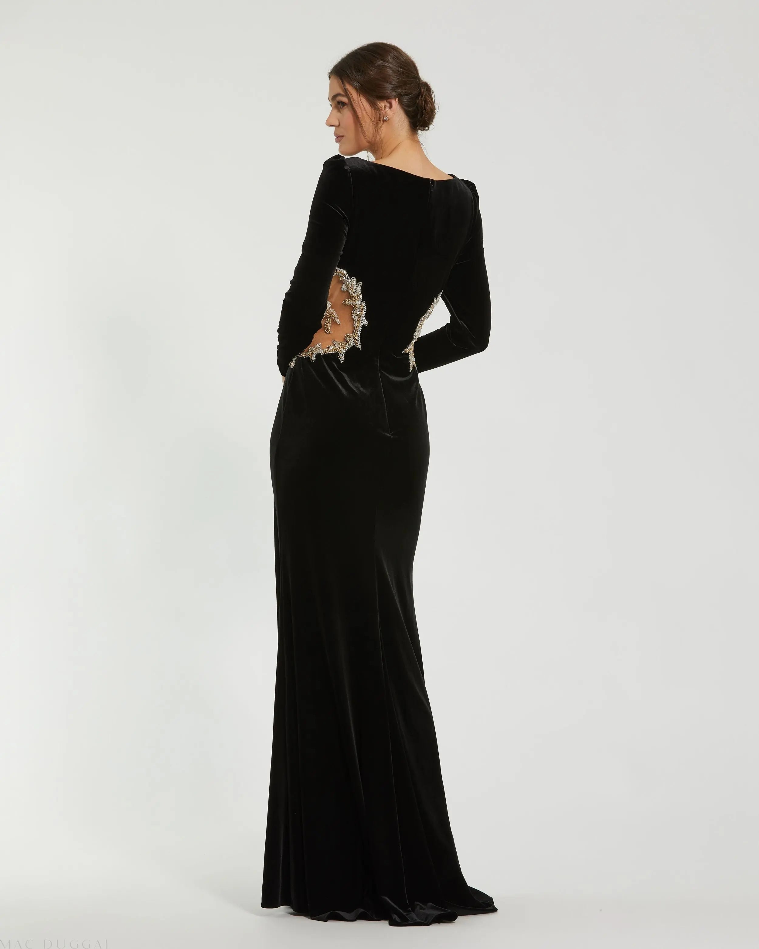 Black Long Sleeve Sheer Embellished Velvet Gown-Myartka