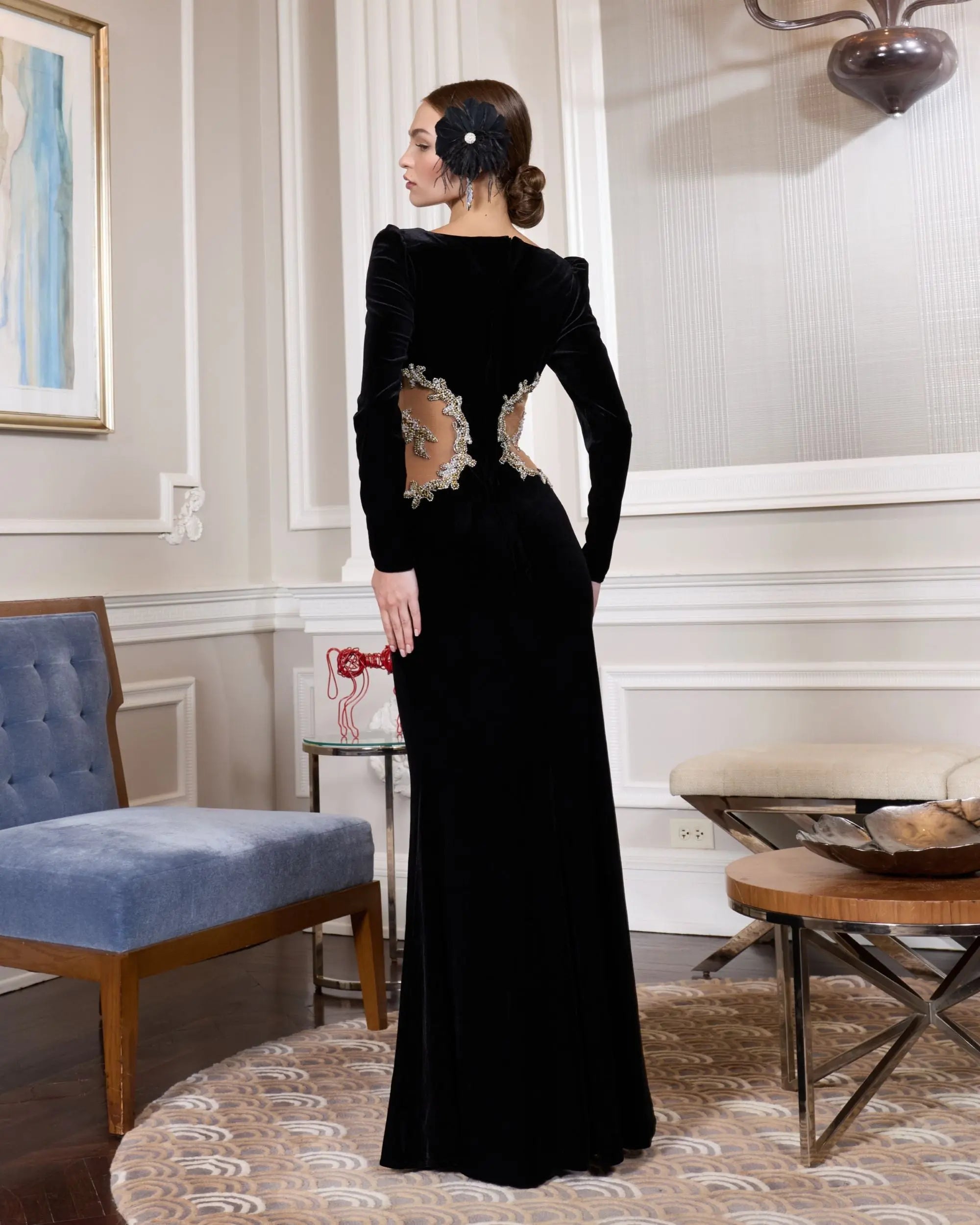 Black Long Sleeve Sheer Embellished Velvet Gown-Myartka