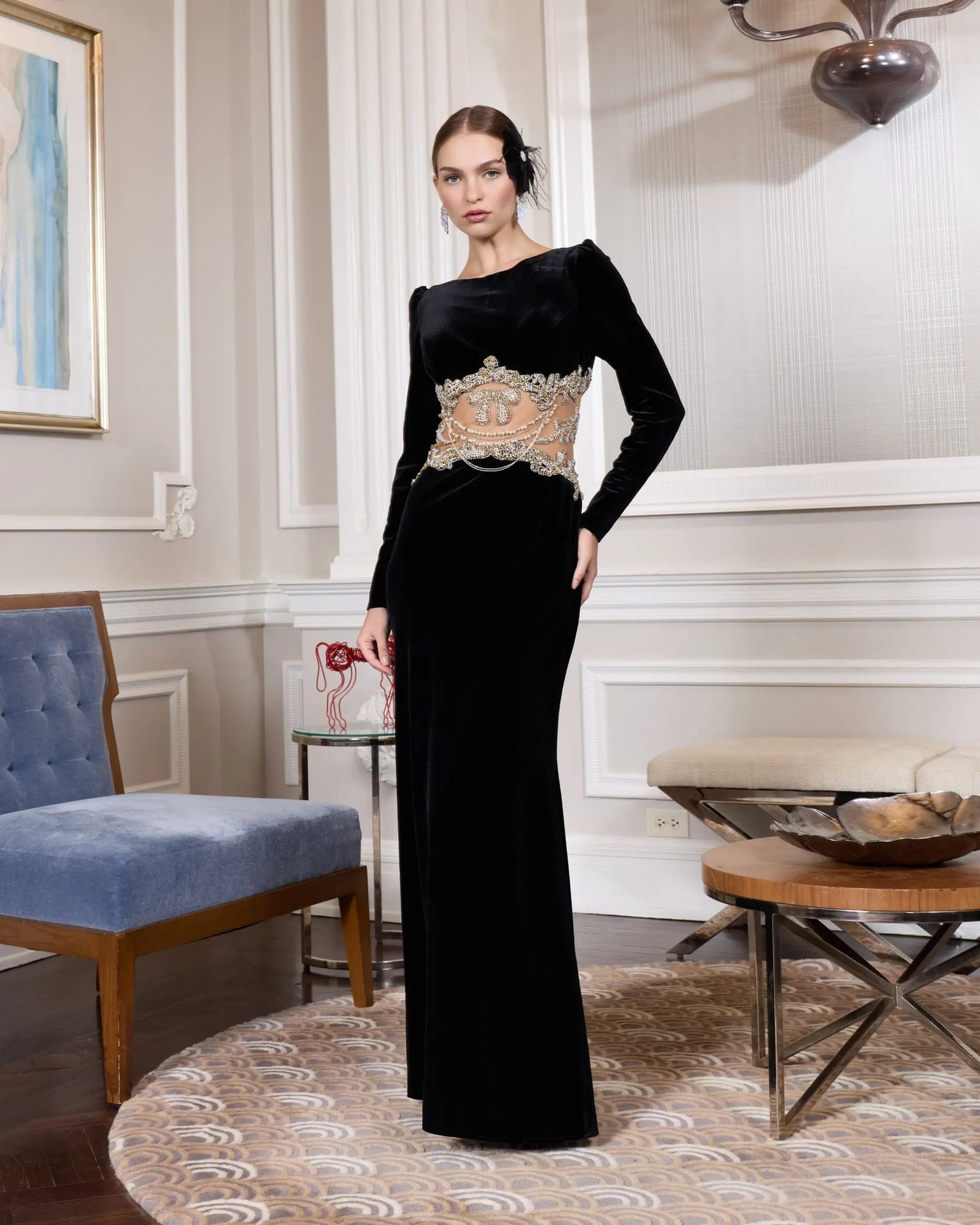 Black Long Sleeve Sheer Embellished Velvet Gown-Myartka
