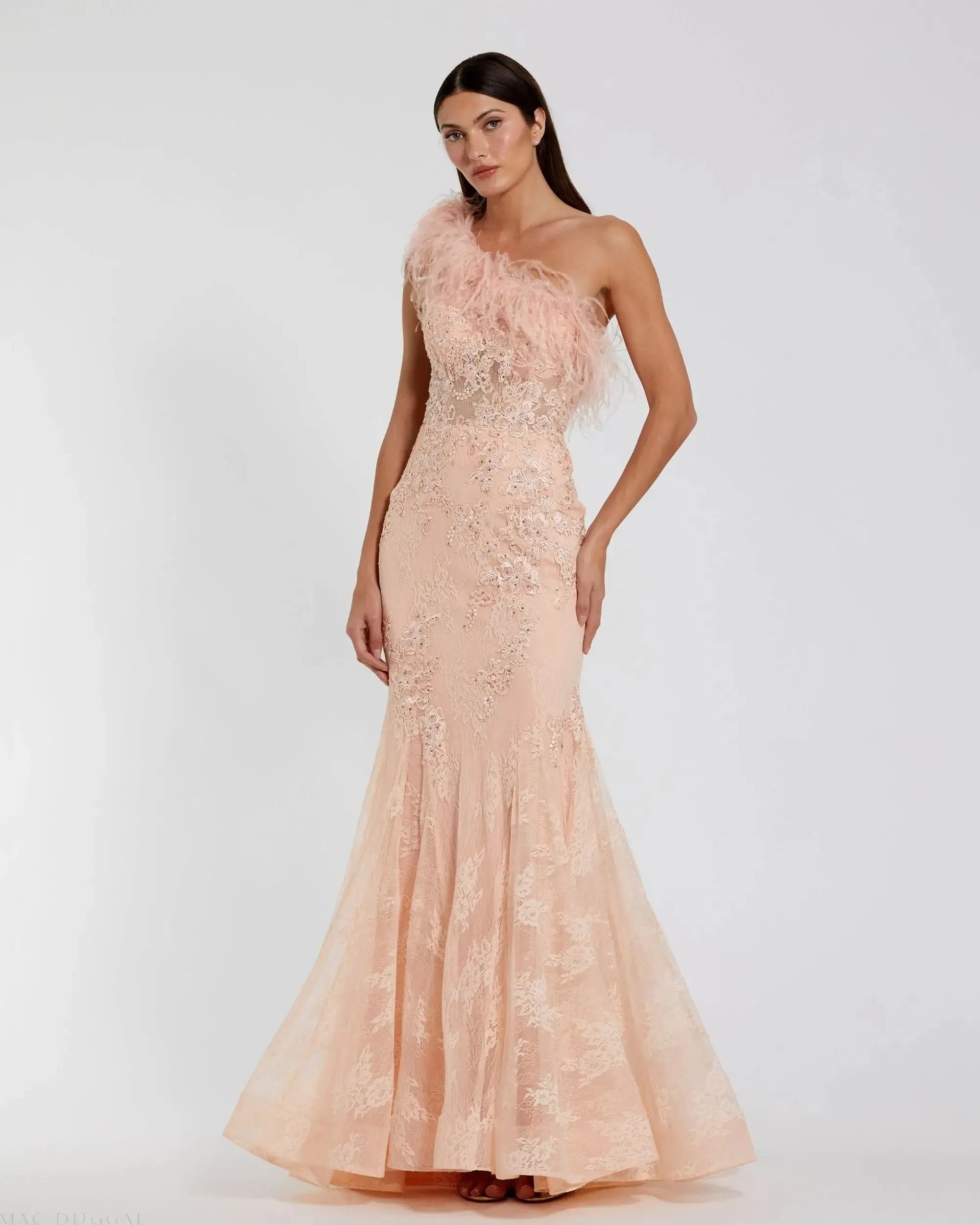 Pink One Shoulder Feather Embellished Mermaid Gown-Myartka