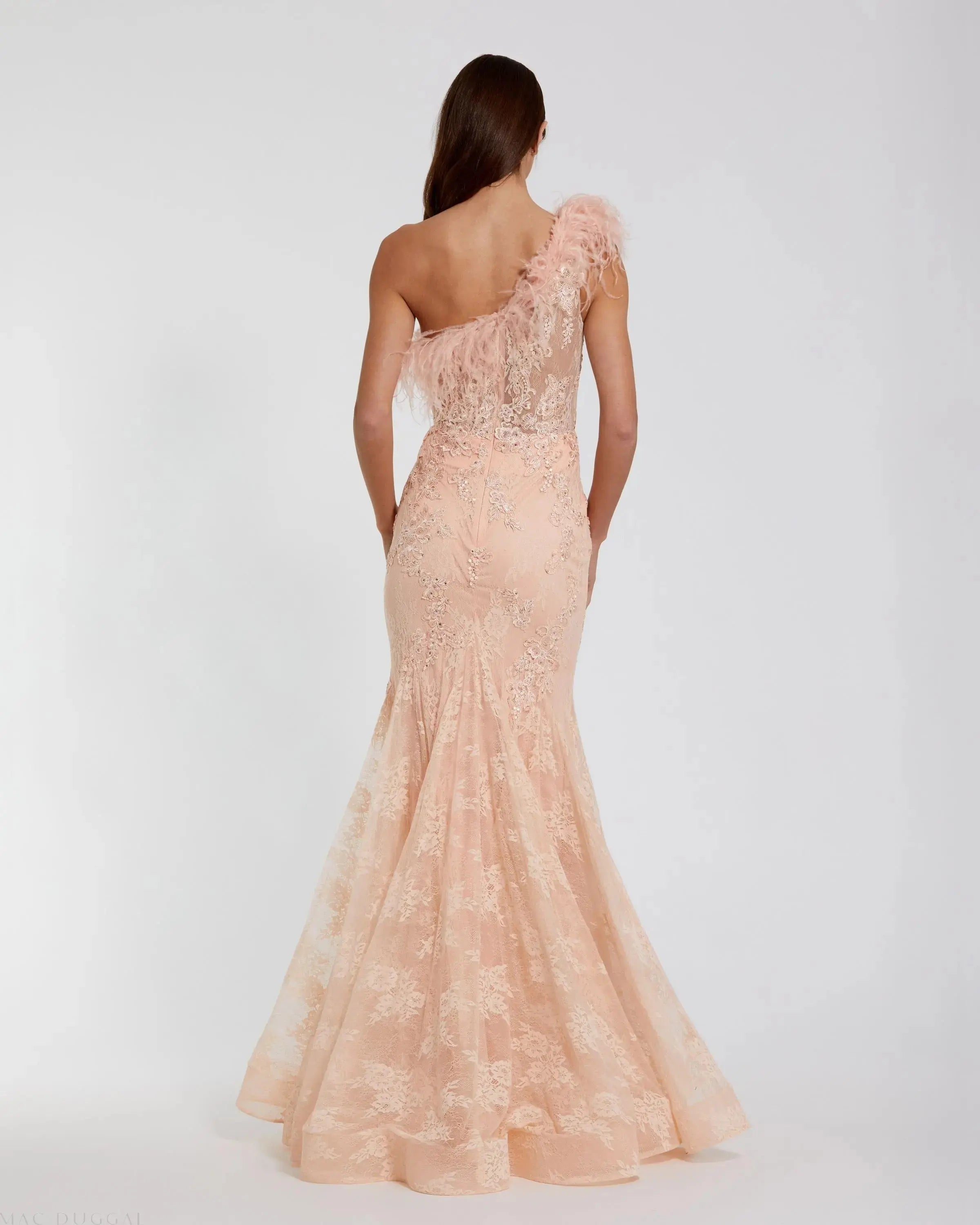 Pink One Shoulder Feather Embellished Mermaid Gown-Myartka