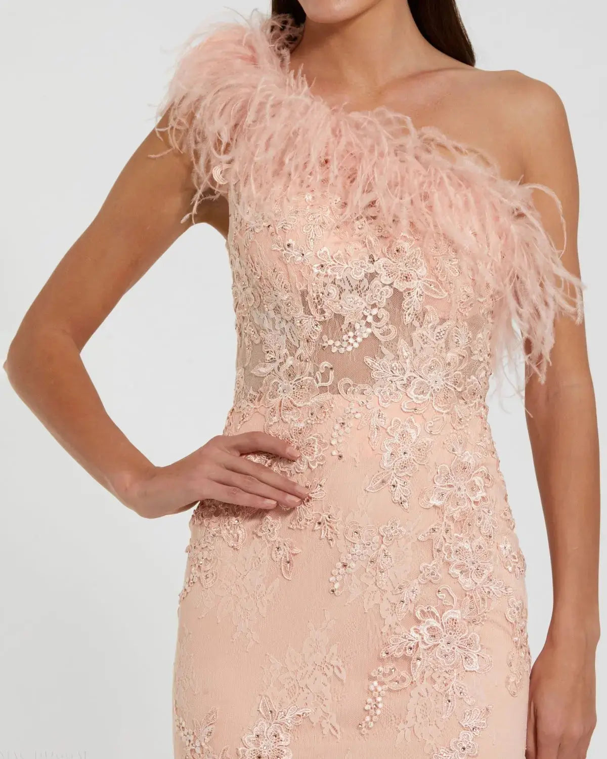 Pink One Shoulder Feather Embellished Mermaid Gown-Myartka