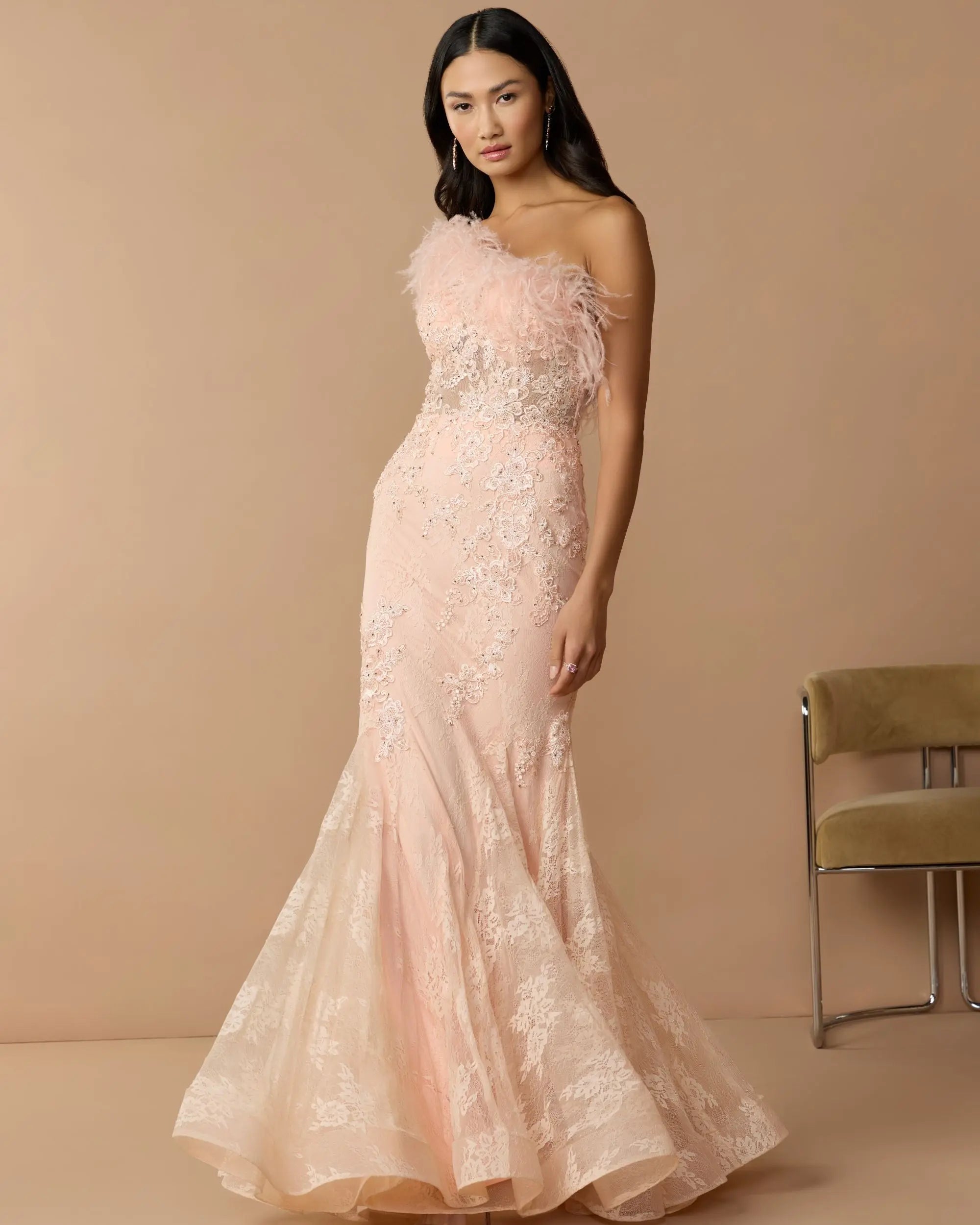 Pink One Shoulder Feather Embellished Mermaid Gown-Myartka