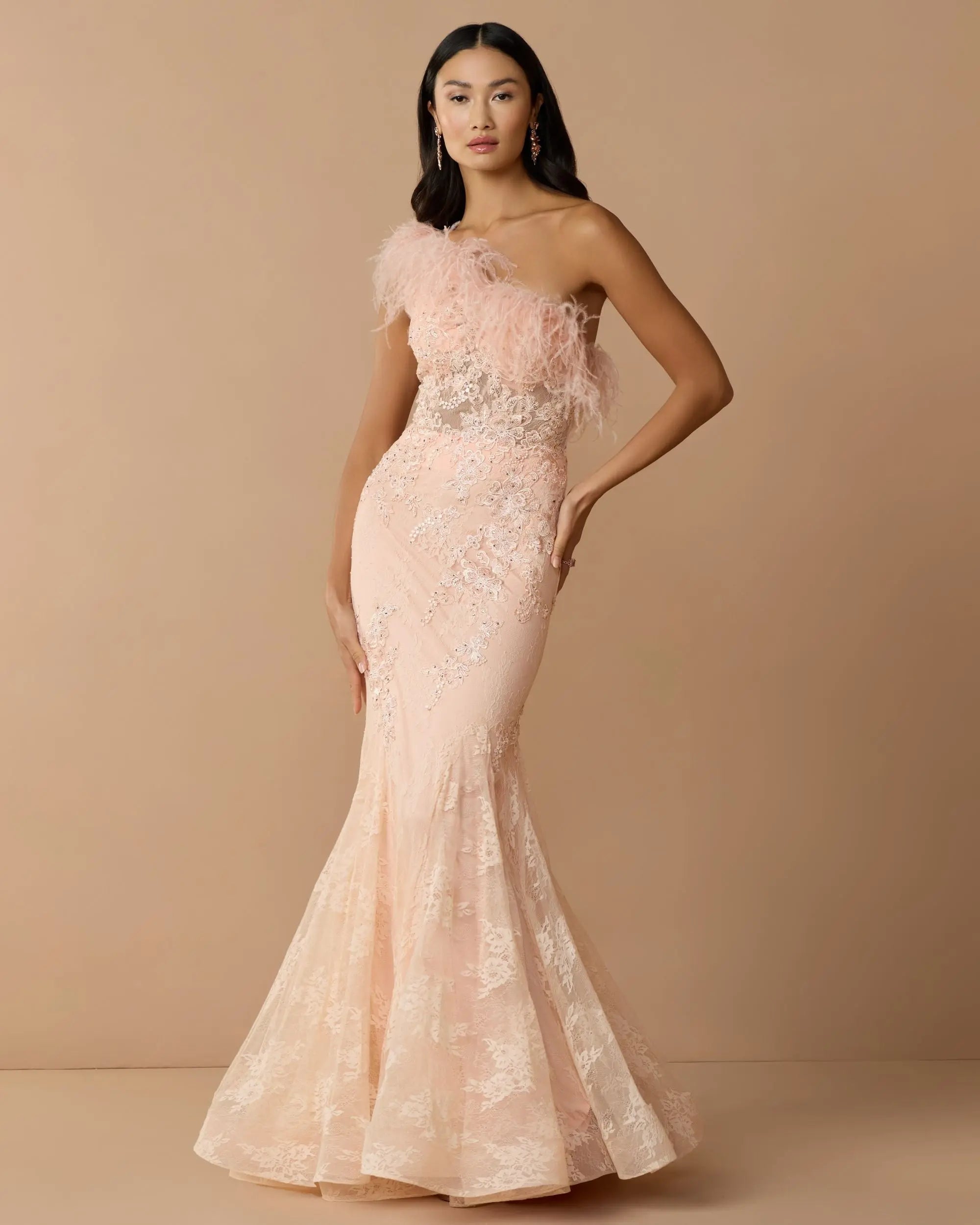 Pink One Shoulder Feather Embellished Mermaid Gown-Myartka