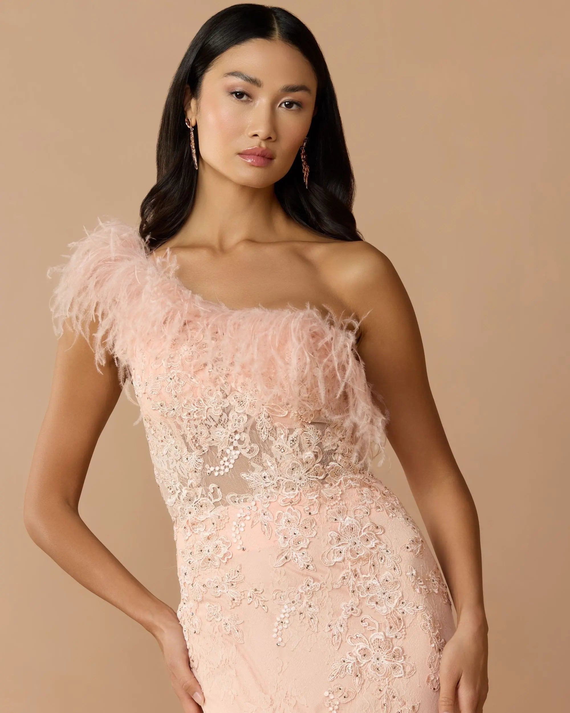 Pink One Shoulder Feather Embellished Mermaid Gown-Myartka