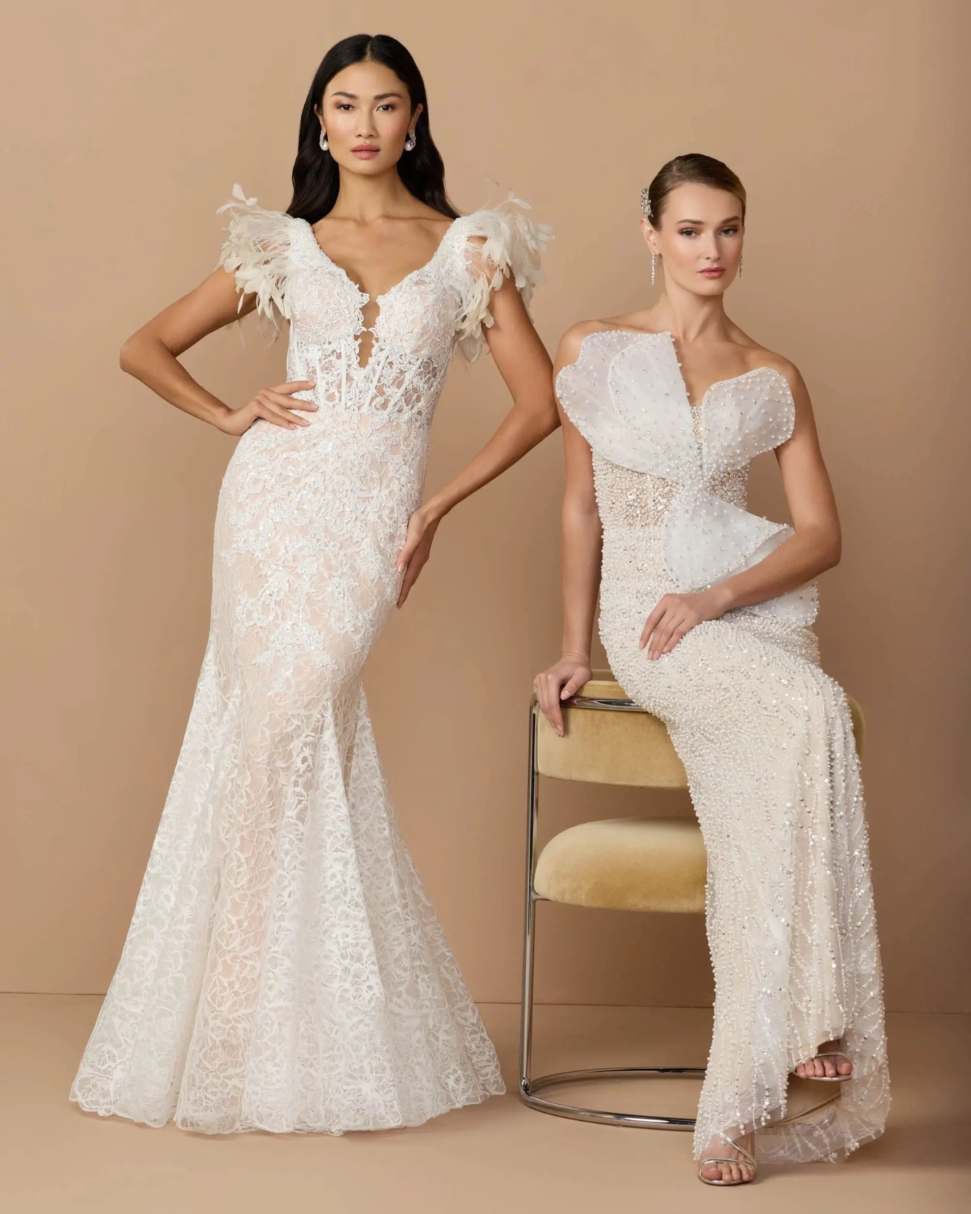Ivory Embroidered Lace Mermaid Gown With Feather Sleeves-Myartka
