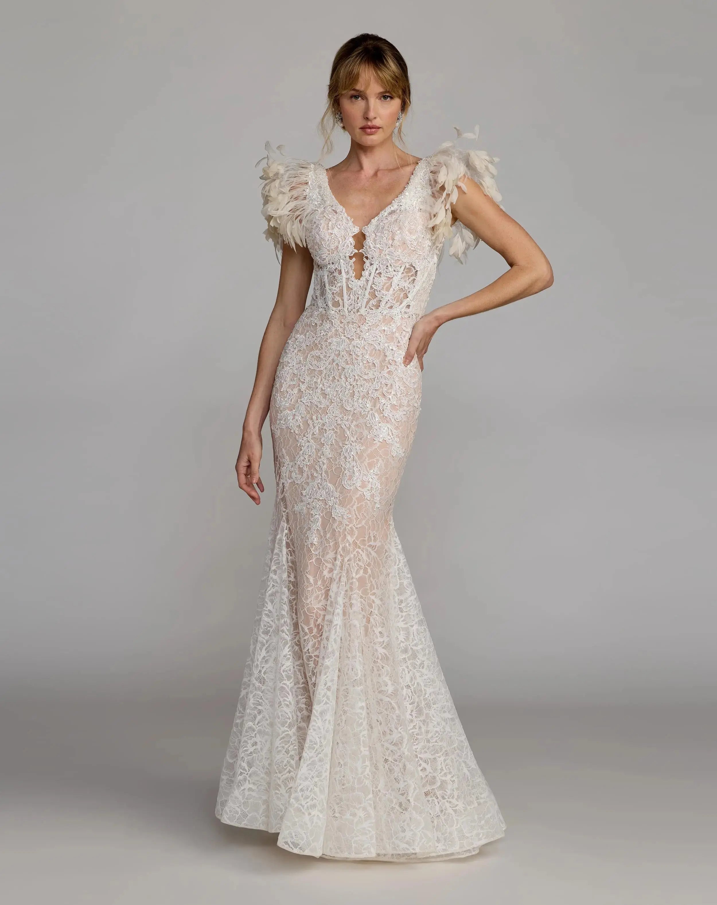 Ivory Embroidered Lace Mermaid Gown With Feather Sleeves-Myartka
