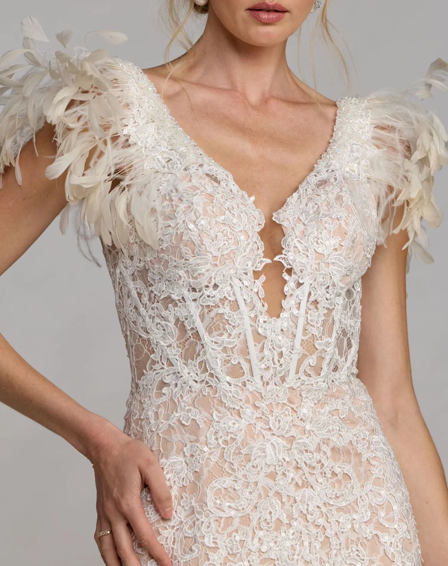 Ivory Embroidered Lace Mermaid Gown With Feather Sleeves-Myartka