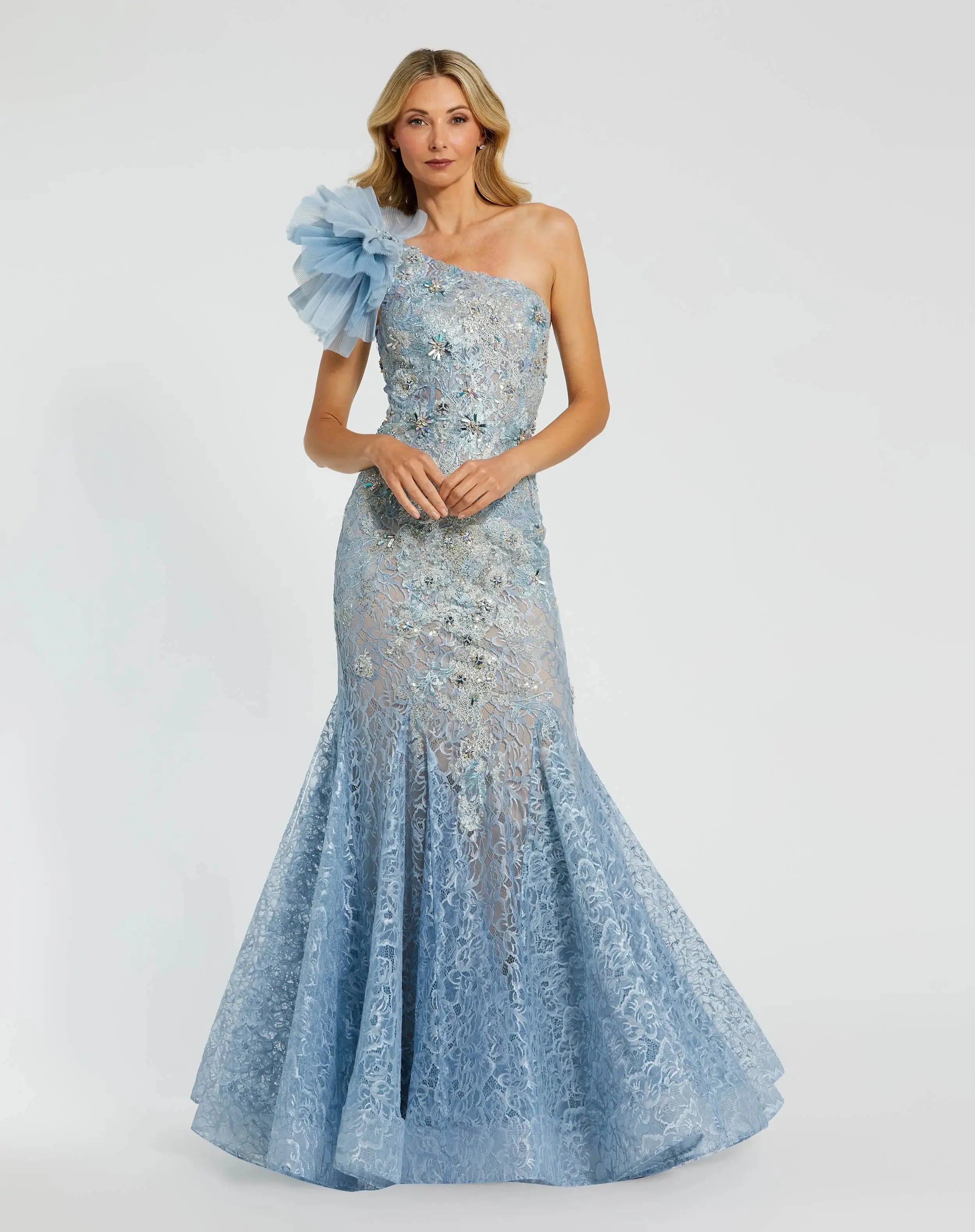 Blue Sleeveless One Shoulder Embroidered Mermaid Gown-Myartka
