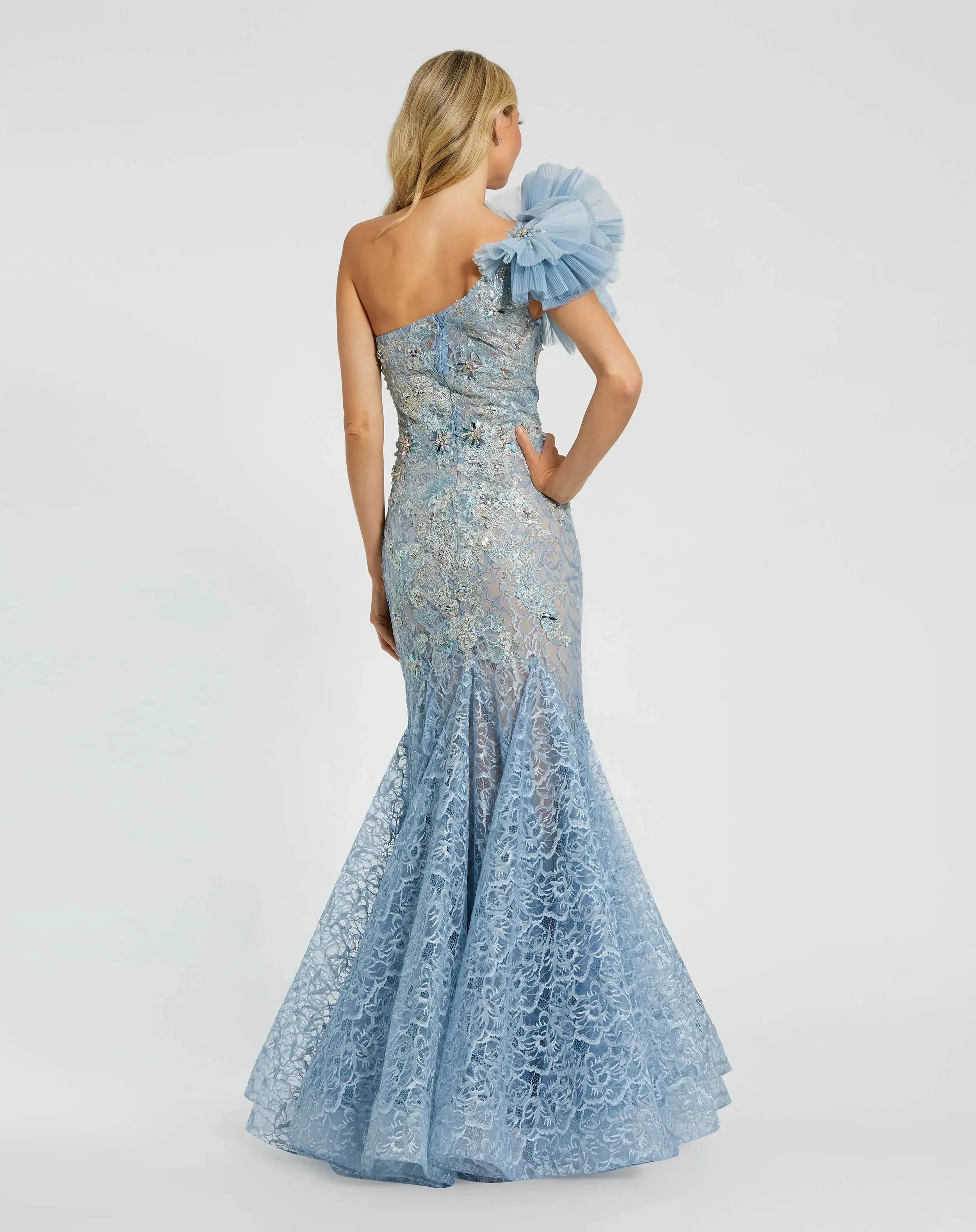 Blue Sleeveless One Shoulder Embroidered Mermaid Gown-Myartka
