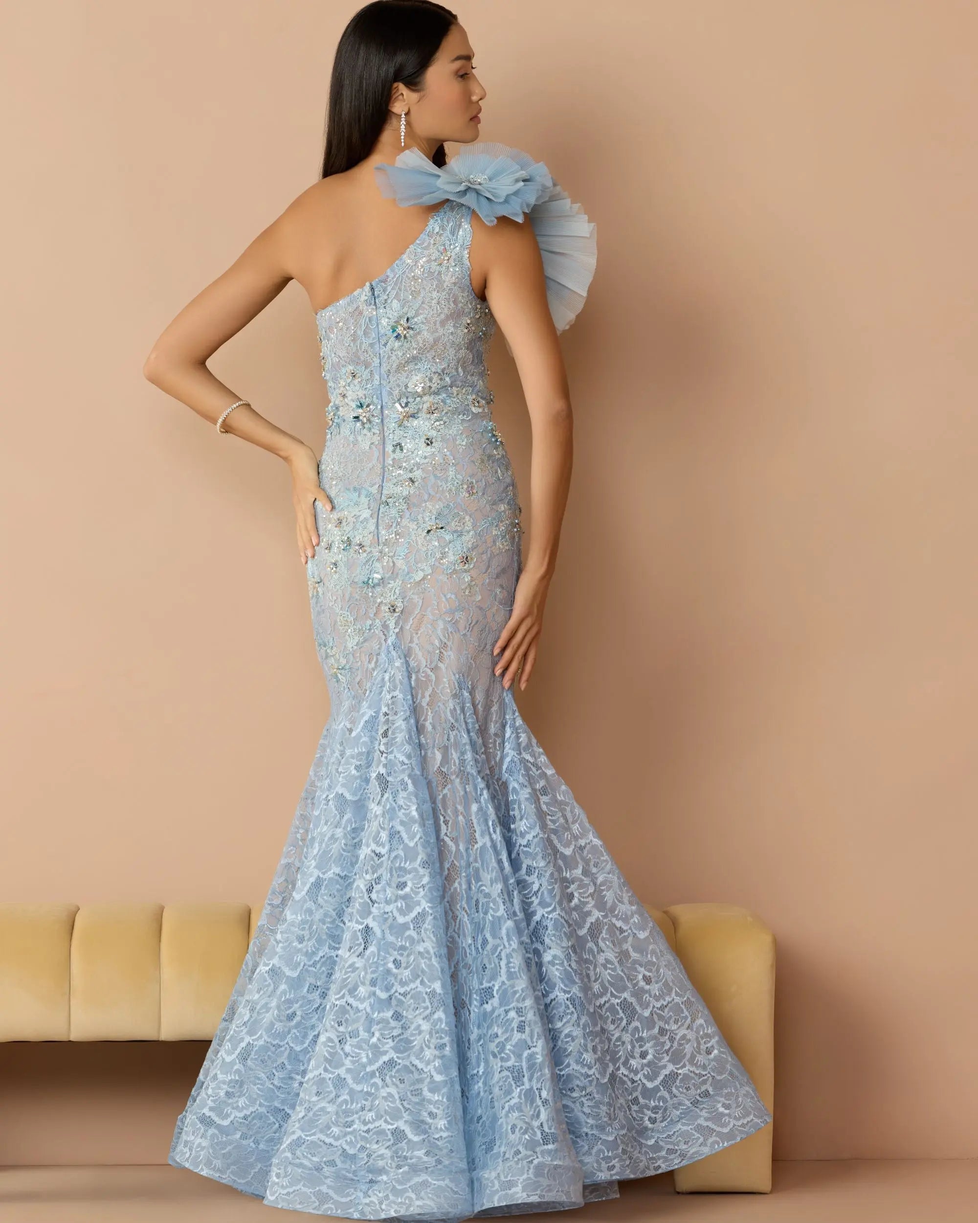 Blue Sleeveless One Shoulder Embroidered Mermaid Gown-Myartka