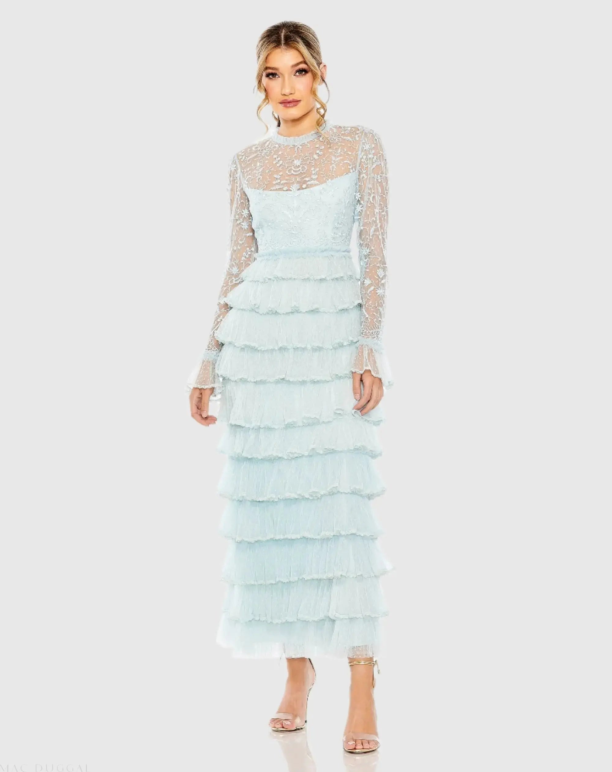Blue Embroidered Long Sleeve Ruffled Tiered Dress-Myartka