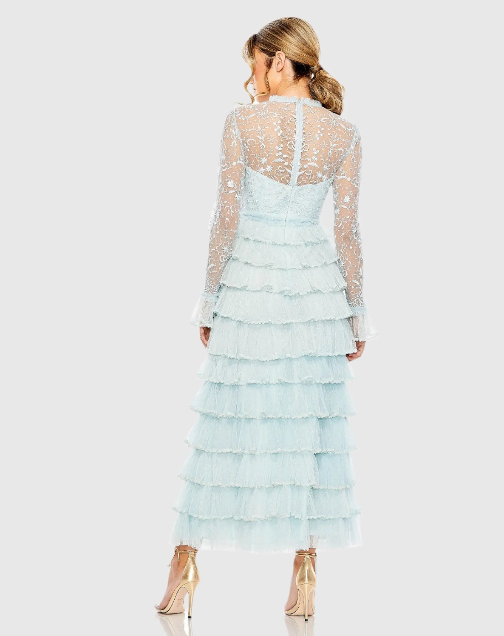 Blue Embroidered Long Sleeve Ruffled Tiered Dress-Myartka