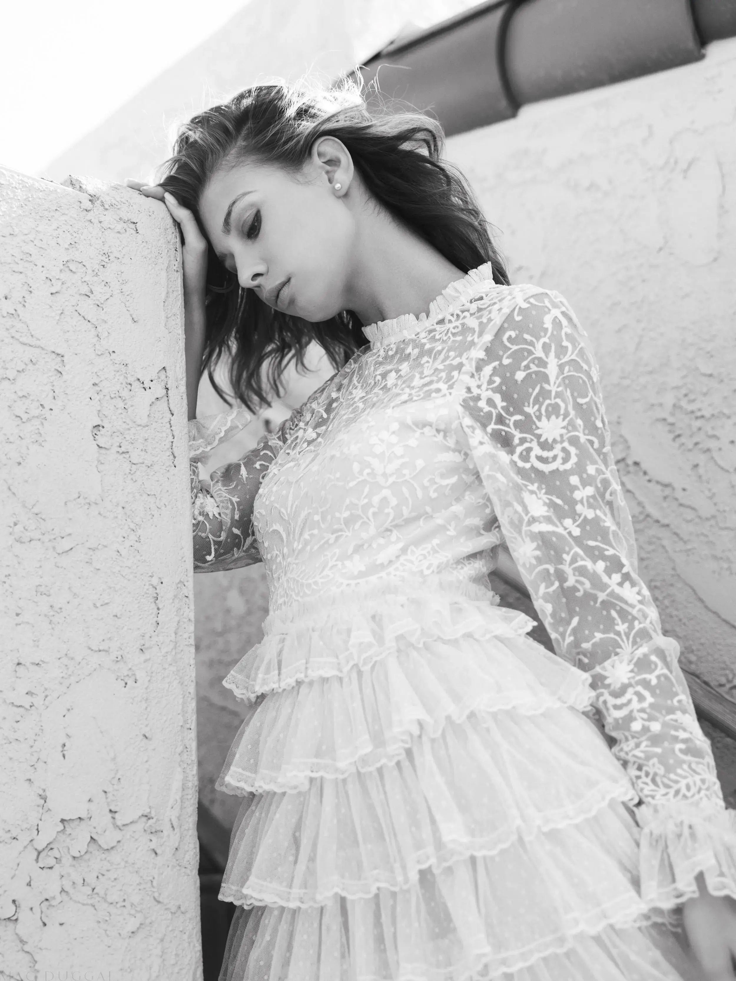 Blue Embroidered Long Sleeve Ruffled Tiered Dress-Myartka