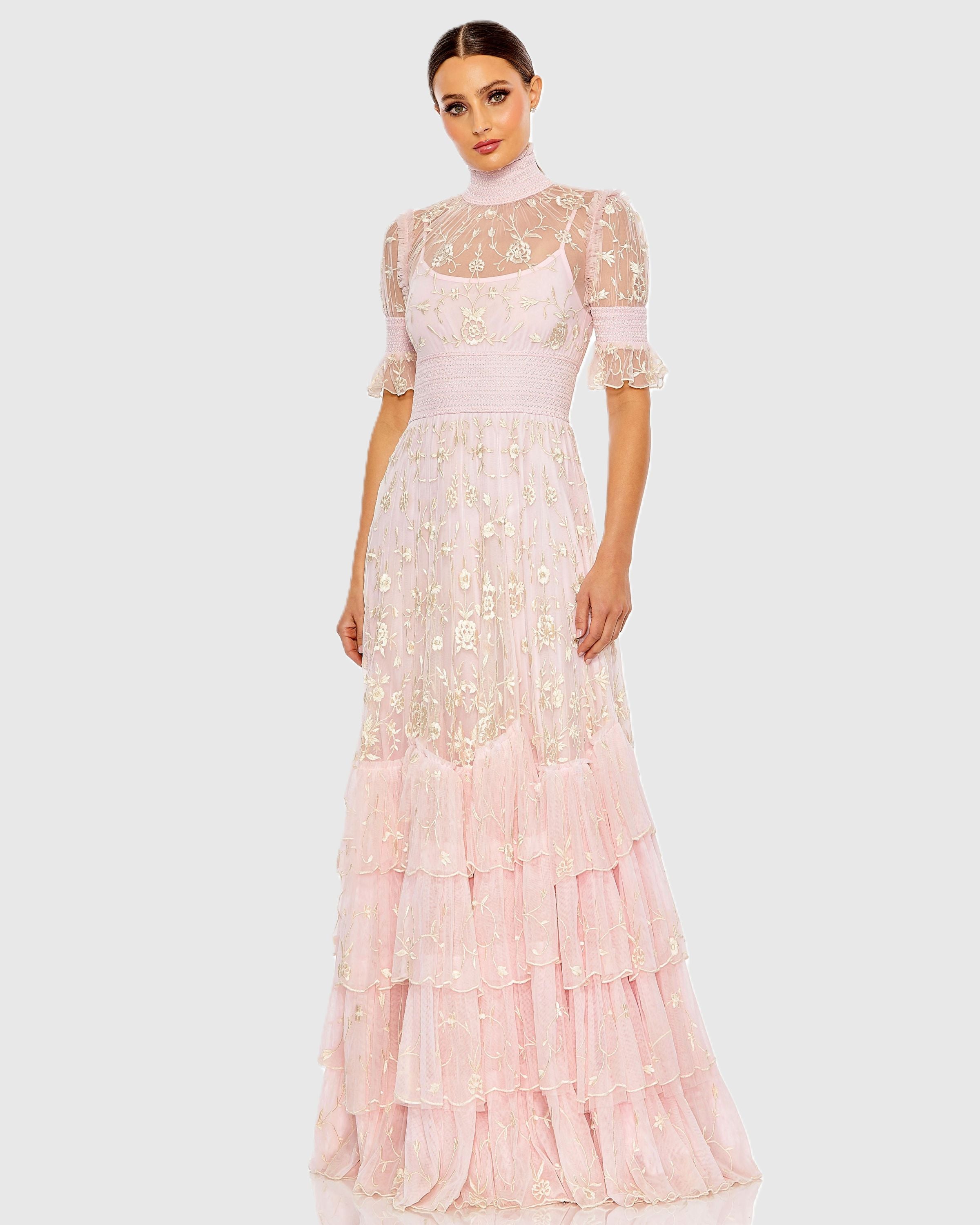 Pink Floral Embroidered Smock Neck Tiered Ruffle Dress-Myartka