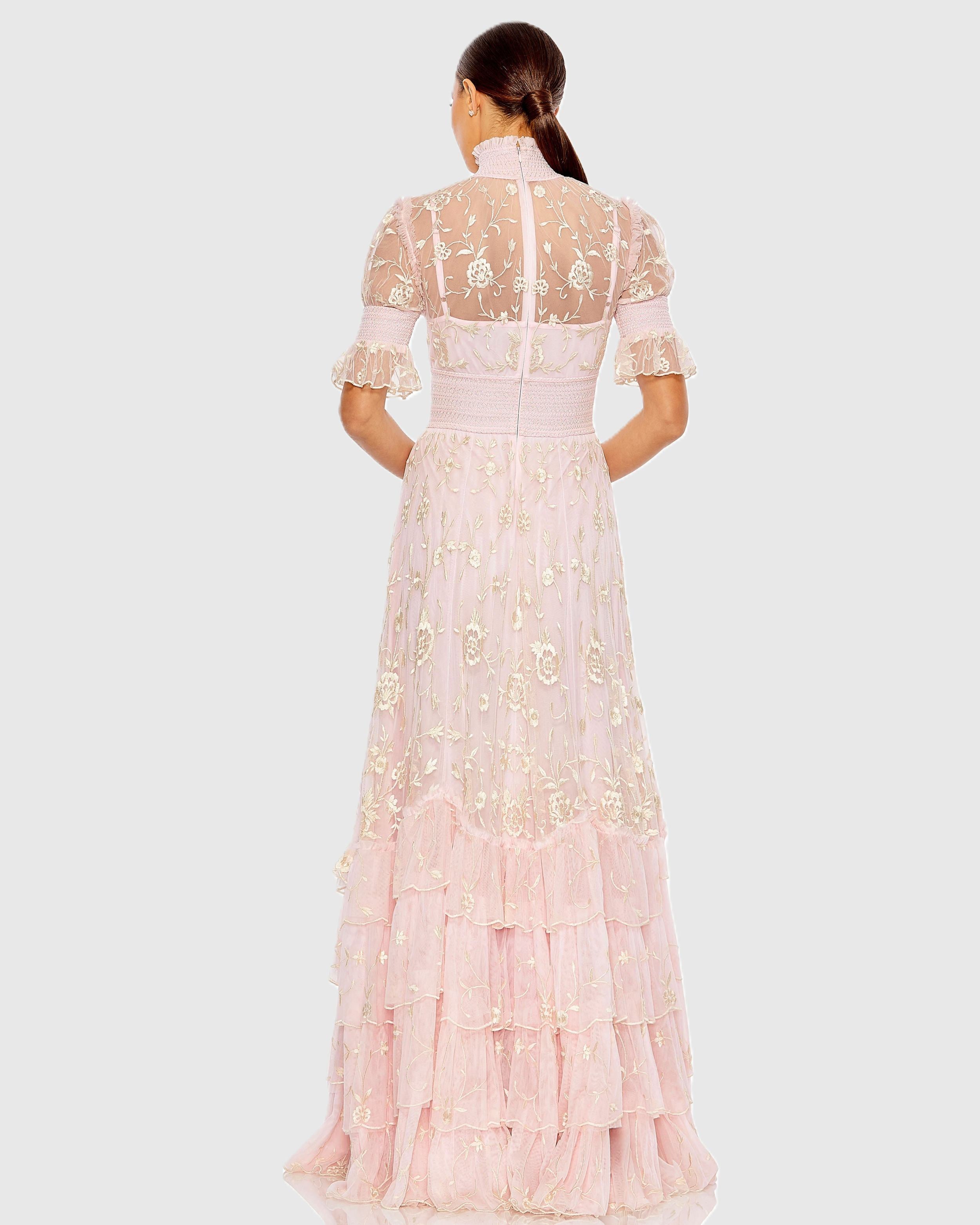 Pink Floral Embroidered Smock Neck Tiered Ruffle Dress-Myartka