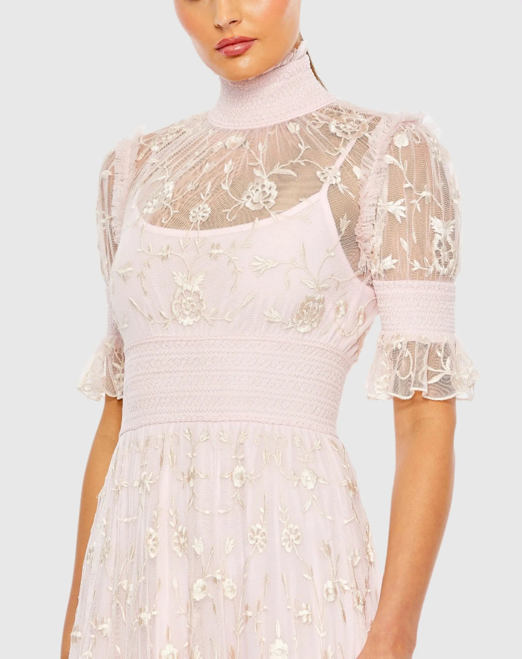 Pink Floral Embroidered Smock Neck Tiered Ruffle Dress-Myartka