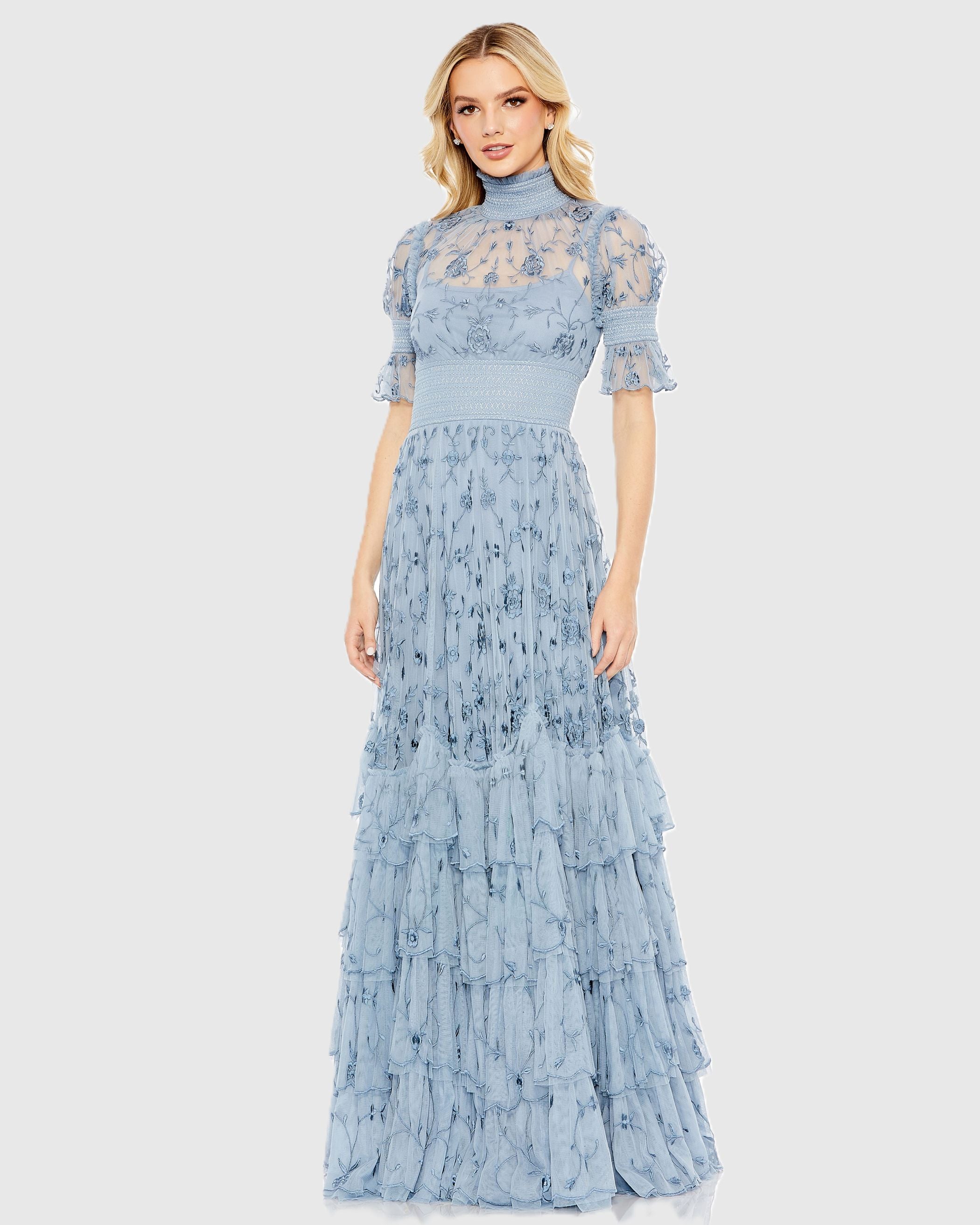 Blue Floral Embroidered Smock Neck Tiered Ruffle Dress-Myartka