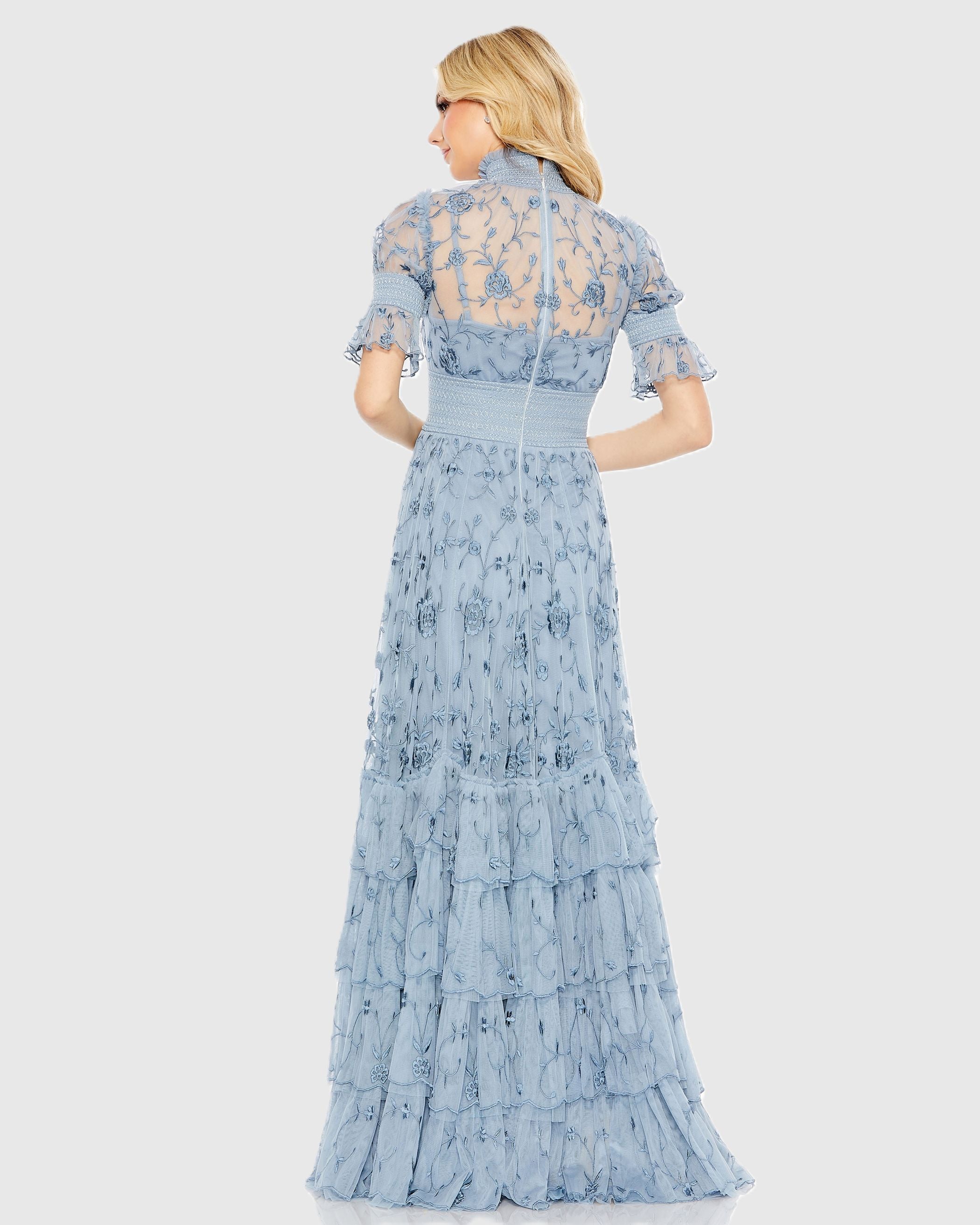 Blue Floral Embroidered Smock Neck Tiered Ruffle Dress-Myartka