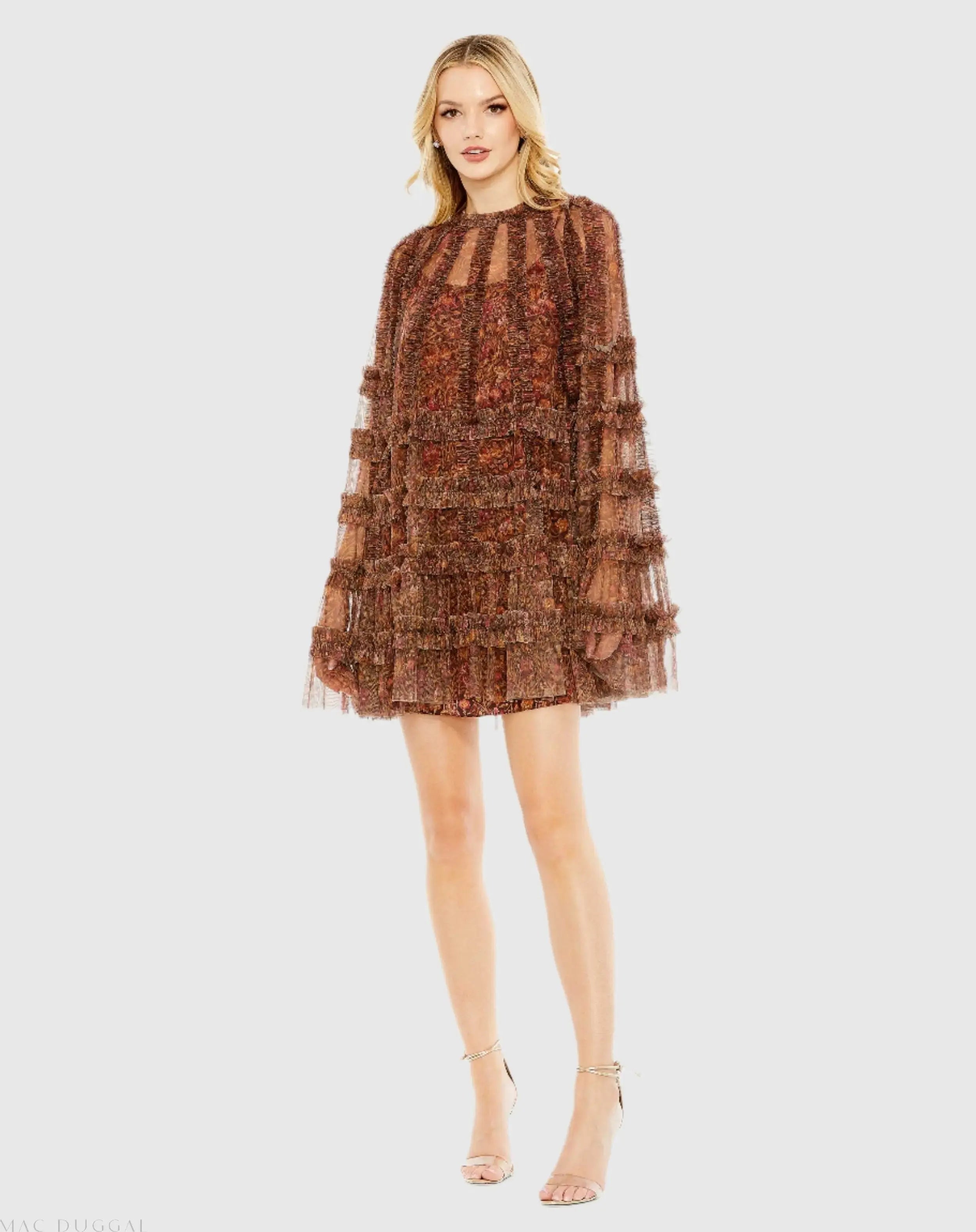 Brown Floral Print Long Flare Sleeve Mesh A-Line Dress - FINAL SALE-Myartka