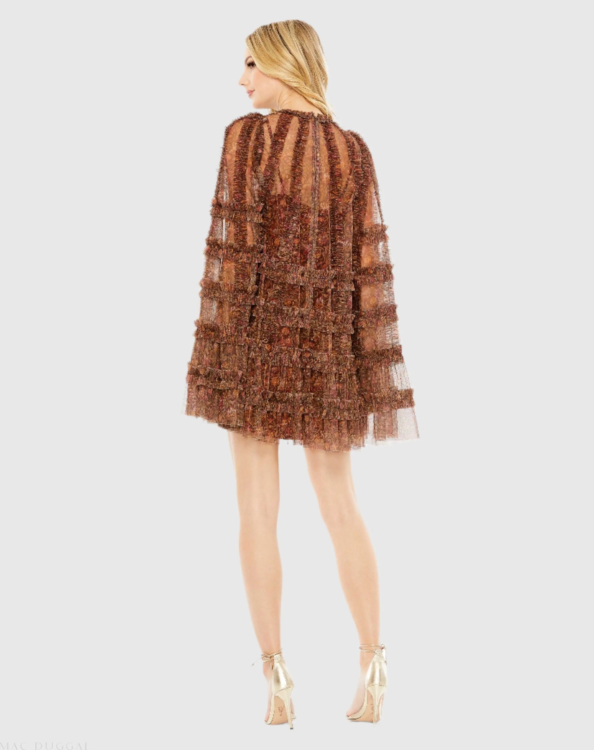 Brown Floral Print Long Flare Sleeve Mesh A-Line Dress - FINAL SALE-Myartka