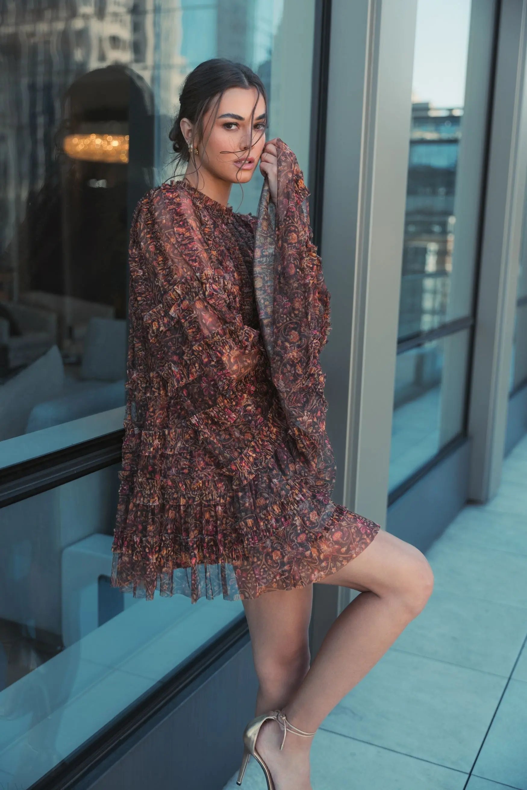 Brown Floral Print Long Flare Sleeve Mesh A-Line Dress - FINAL SALE-Myartka