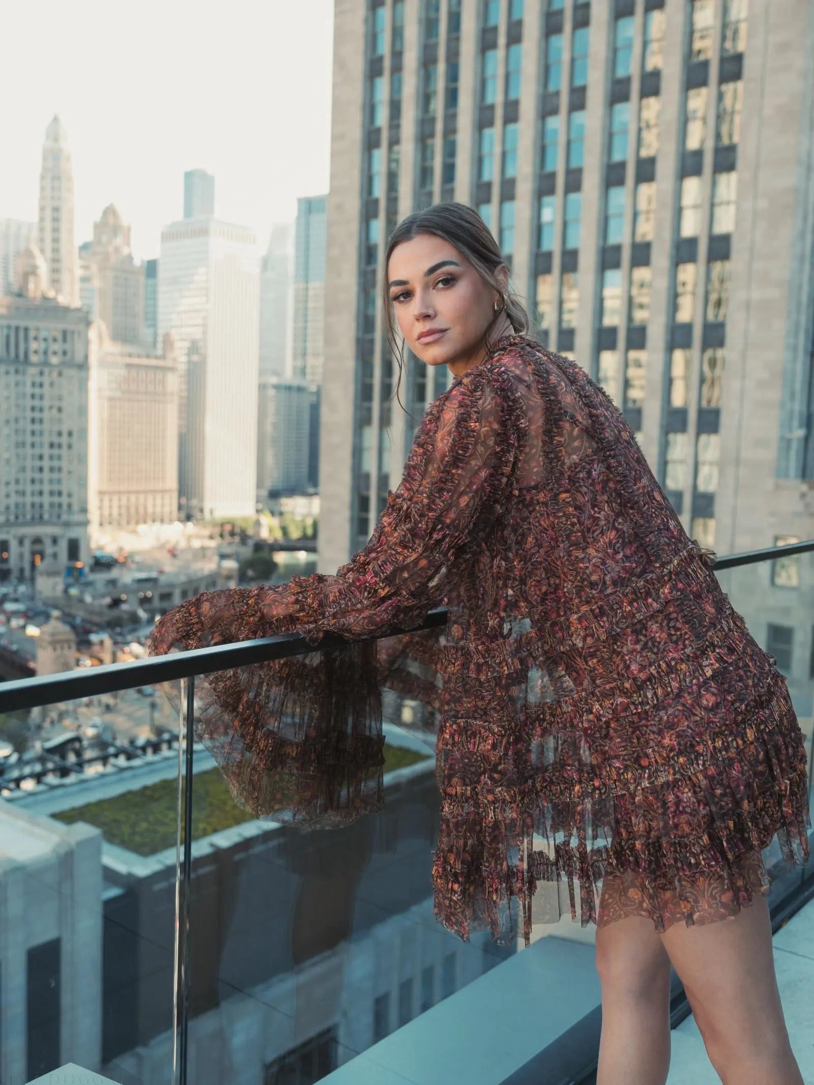 Brown Floral Print Long Flare Sleeve Mesh A-Line Dress - FINAL SALE-Myartka